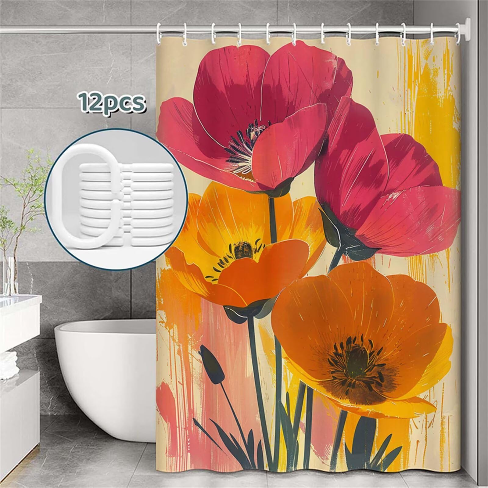 Tenda Doccia in Poliestere rosso, Tende per Doccia Extra Lunga 180x240cm, fiore Tenda Vasca da Bagno Tessuto Lavabile, Impermeabile e Facile da Pulire, con 12 Ganci, Decorazione per Bagno, Hotel Z-192
