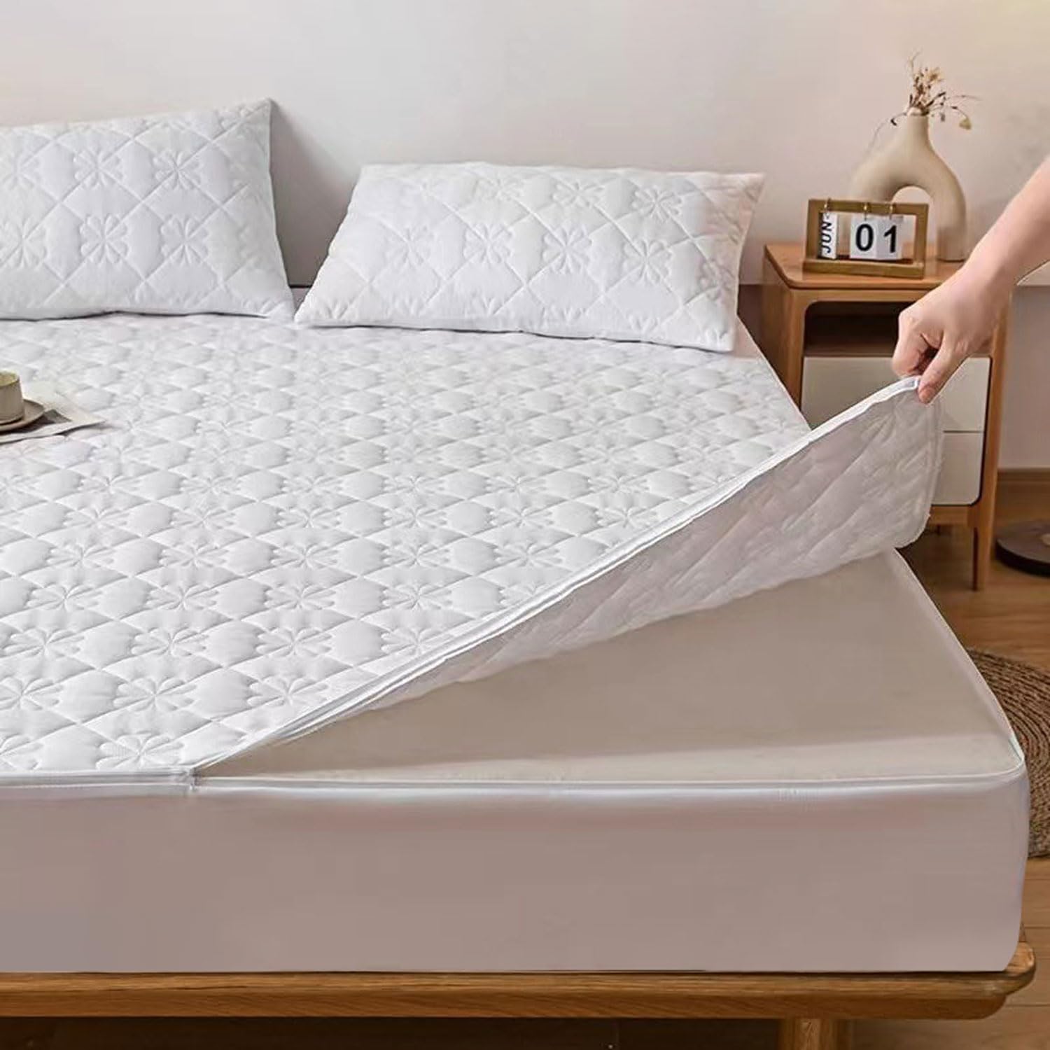 TYYUETY Full zip cover Breathable dustproof washable fitted sheet Customizable size Waterproof quilted mattress protector for single/double/king size beds-White- 150x190+18cm