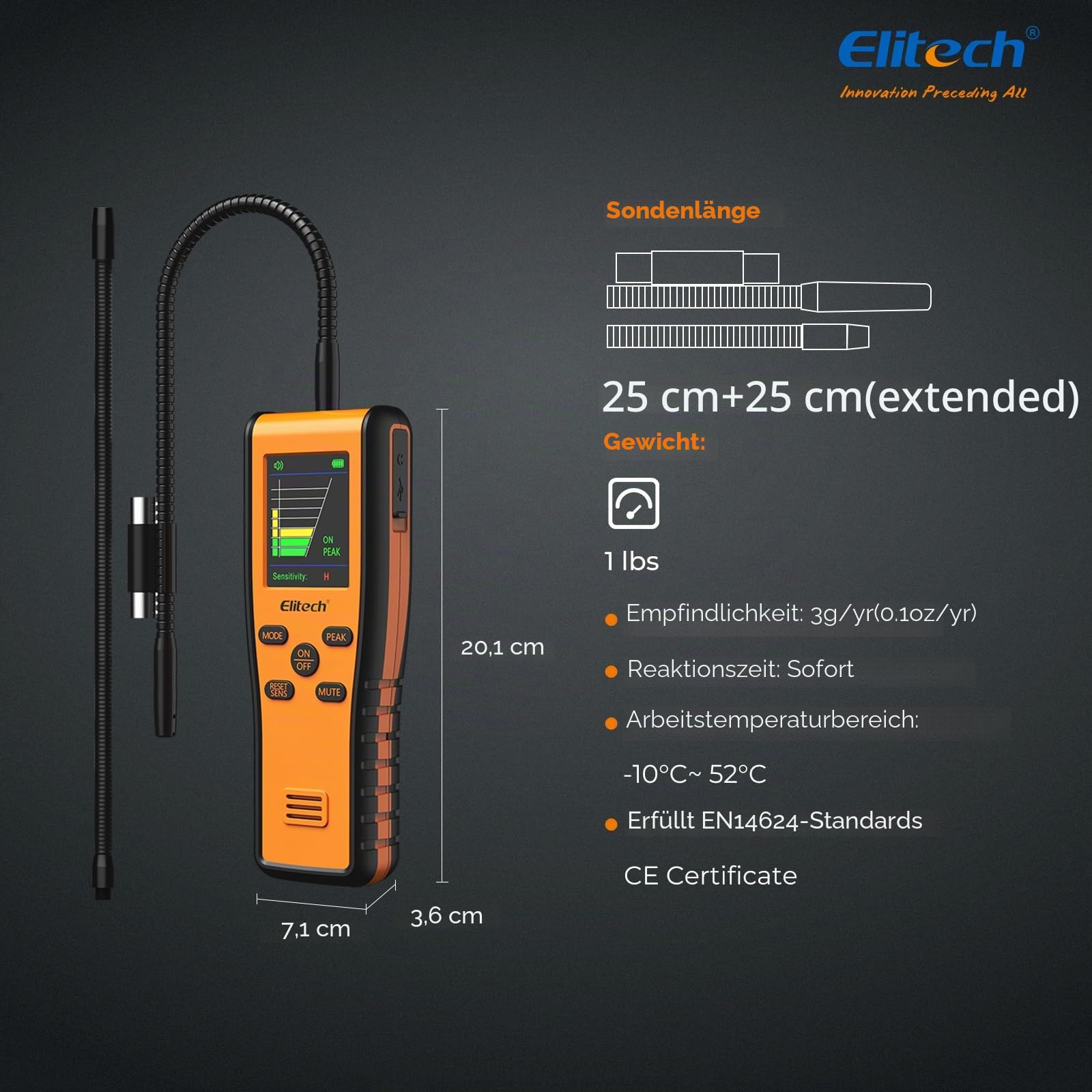 Elitech Kältemittelleckdetektor IR-200 2-in-1 Infrarot & Beheizte Diode Dual Sensor Hohe Empfindlichkeit Tester 10 Jahre Lebensdauer