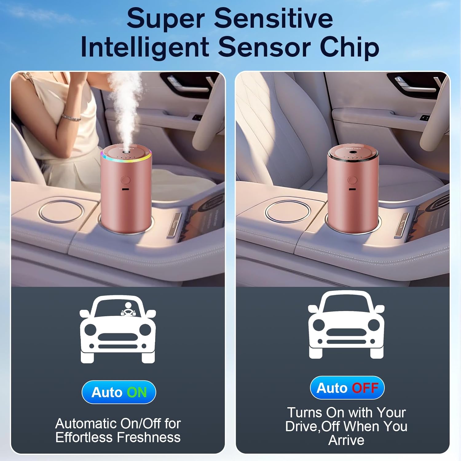Car Air Freshener, Smart Car Air Fresheners Diffuser with 100ml Fragrance, Long Lasting Lasts 6 Months, RGB Music Syncing Light, Auto On/Off, 5 Adjustable Car Aroma Diffuser for Women, Rose Gold