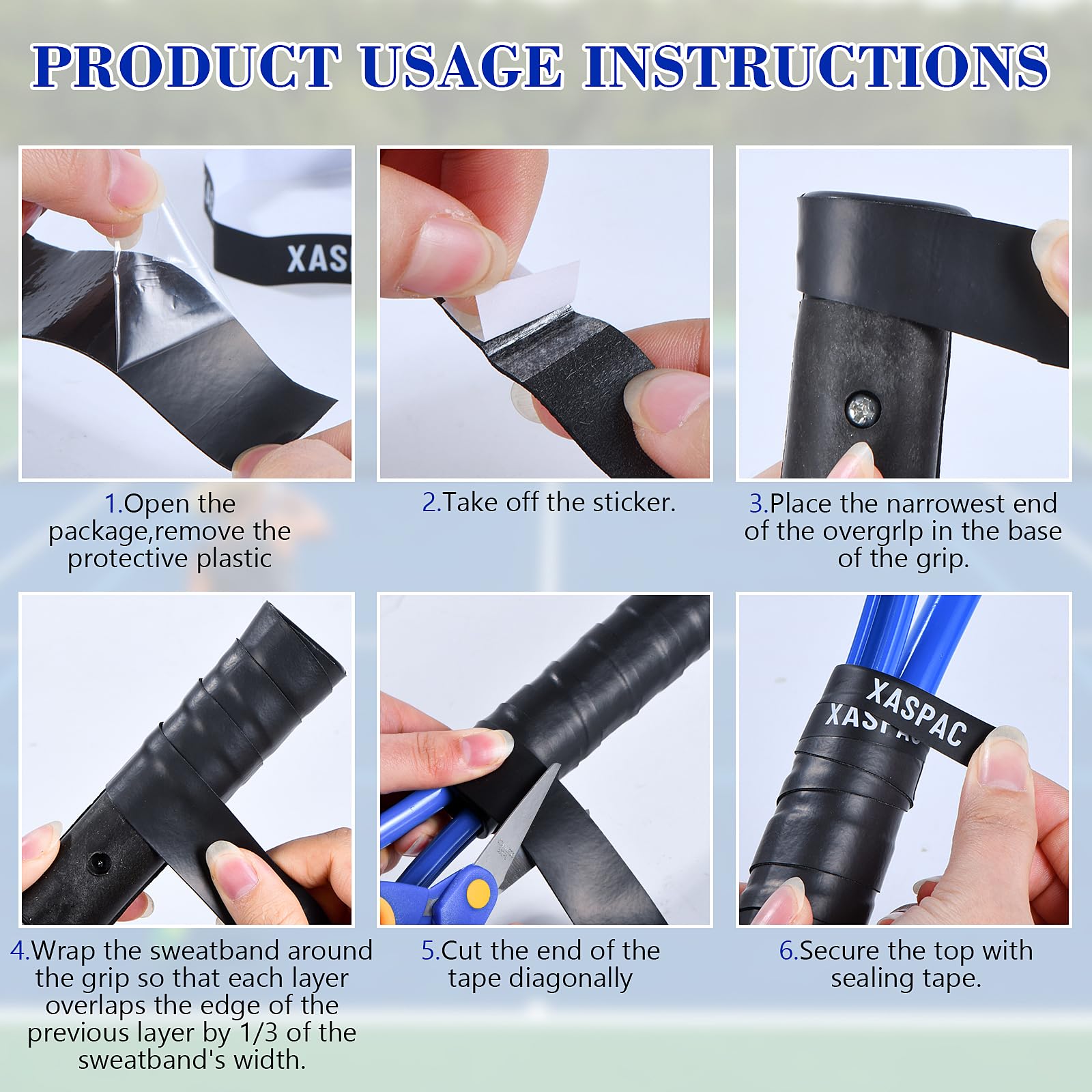 Xaspac 6 Pack Premium Tennis Racket Grip Tape - Secure Tennis Grip Tape, Tennis Racquet Grip Wrap, Absorbent Dry Feel Overgrip for Tennis, Pickleball, and Badminton