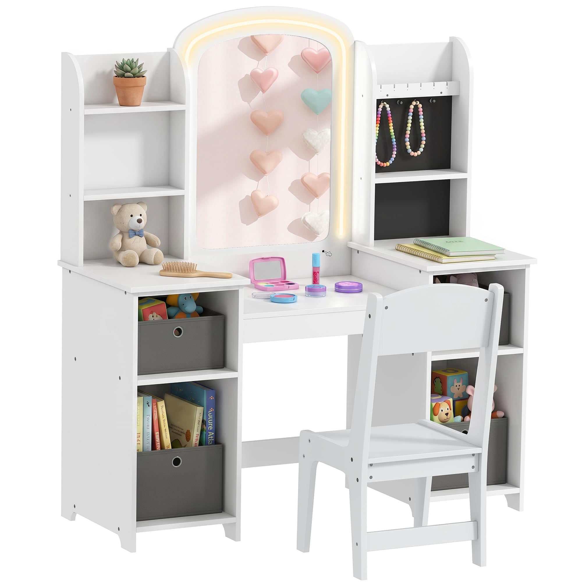 AIYAPLAY Coiffeuse pour Enfants avec Tabouret et Miroir LED, Coiffeuse Fille en Bois avec tiroirs en Tissu, étagères Ouvertes et Crochets à Bijoux, Table de Maquillage pour 3 à 8 Ans, Blanc