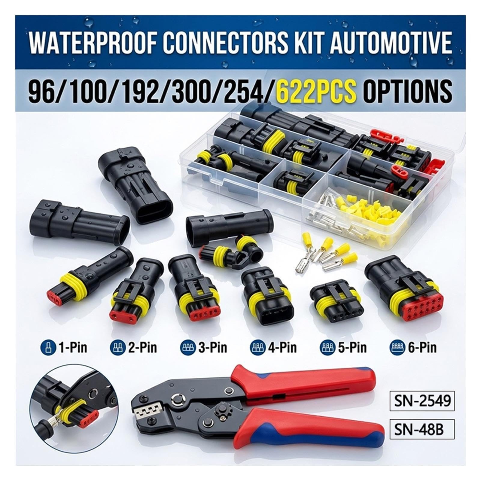 Waterproof Automotive Electrical Wire Connectors Kit 1-6 Pin Male Female Plug Socket Ratchet Crimping Tool