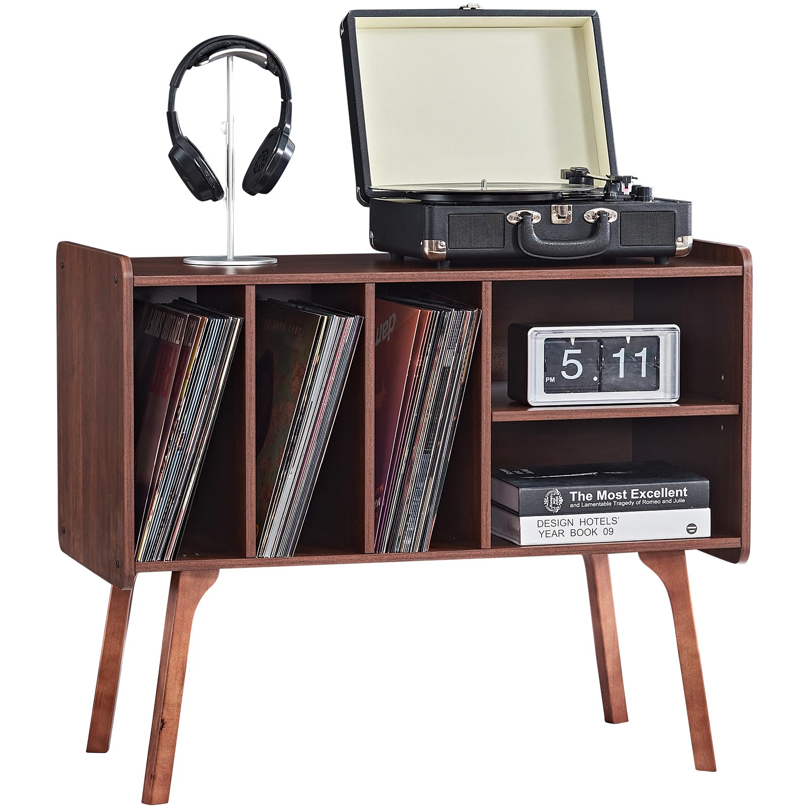 LELELINKY Walnut Record Player Stand with 4 Cabinet Holds Up to 220 Albums, Large Turntable Stand with Wood Legs, Mid-Century Record Player Table,Vinyl Holder Storage for Living Room,Bedroom