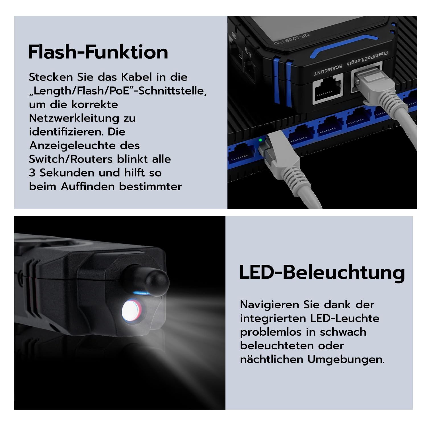 Mcbazel Netzwerk Kabeltester mit POE/NCV, Kabellängenmessung, Port-Blitz, Kabel Tracker