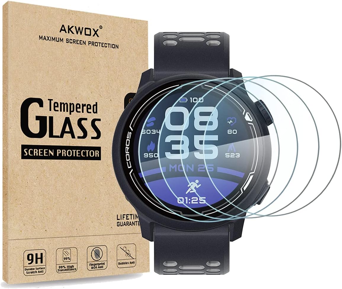 AKWOX [4-Pack] Tempered Glass Screen Protector for COROS PACE 2, [2.5D Arc Edges High Definition 9H Hardness] Anti-Scratch, Bubble-Free
