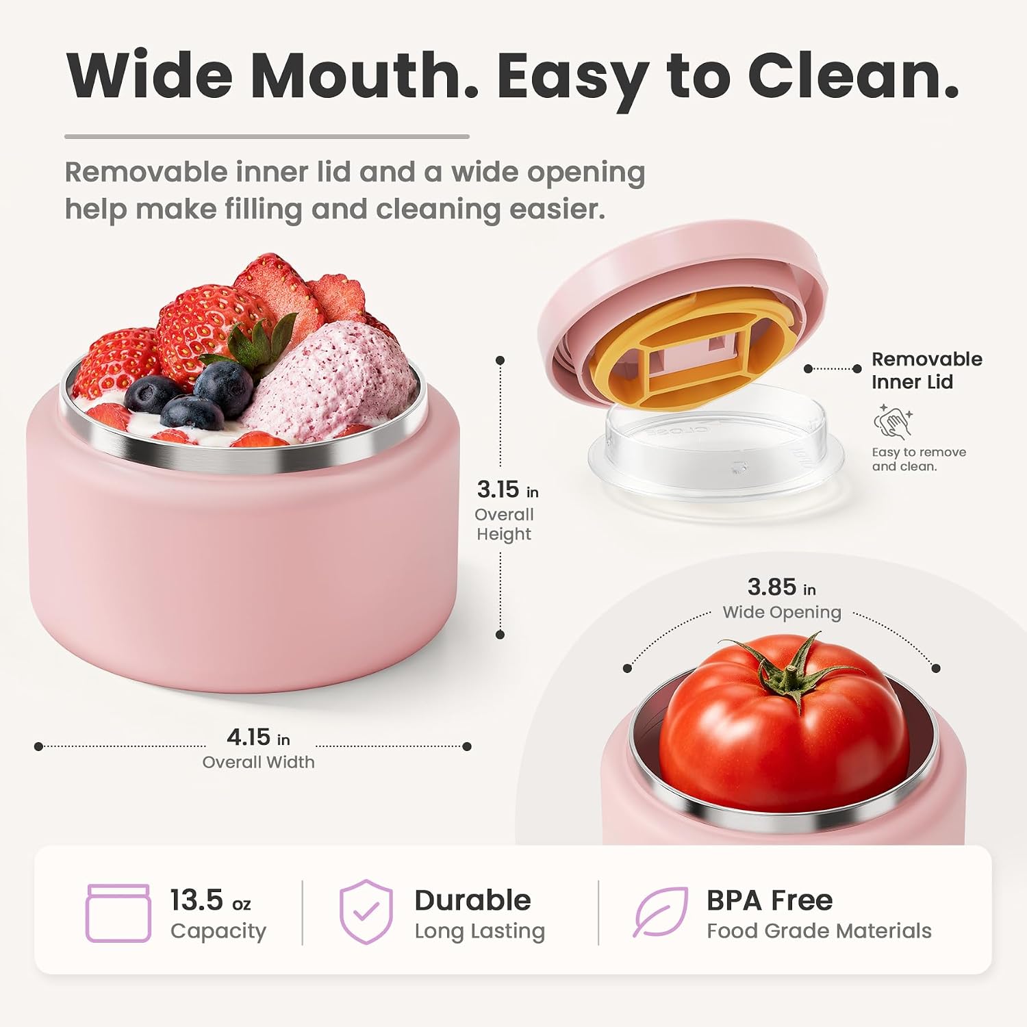 BOSEDSANG 13.5oz Soup Thermo for Hot Food Kids with Buckle Lid Insulated Vacuum Food Jar Wide Mouth Leakproof Stainless Steel Lunch Container- Pink