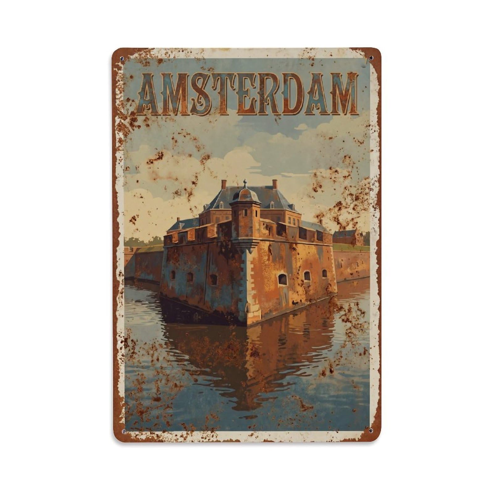 Okngb Style Fortress Historic Amsterdam Retro Architecture Tourism Metal Tin Sign Plaque Wall Decor For Cafe, Man Cave, Club Bar, Office, Home Garden Round Metal Poster 8X12inch