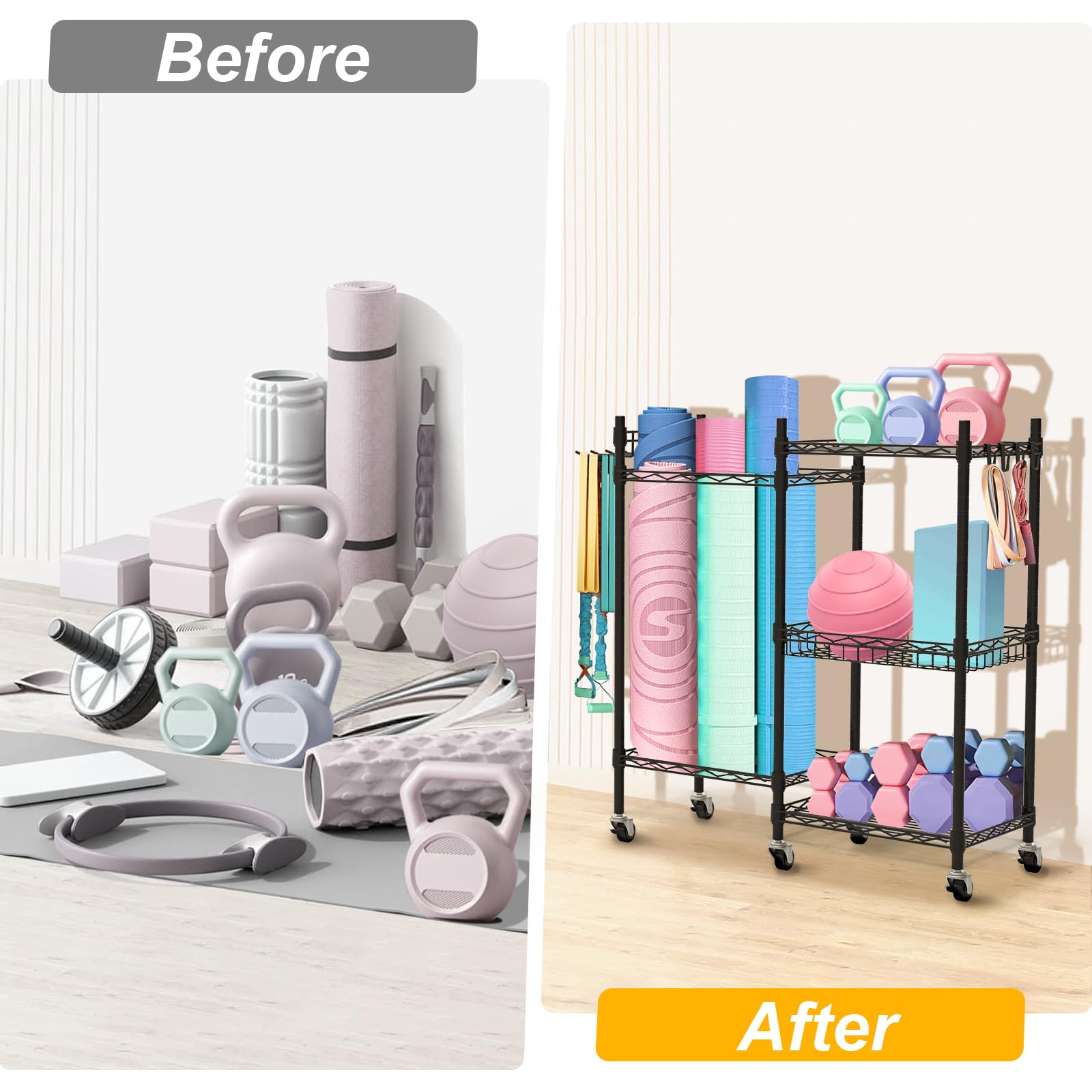 VEVOR Porta Attrezzi Palestra Con Ruote - Supporto Per Manubri, Kettlebell, Tappetino Yoga - Foto 8