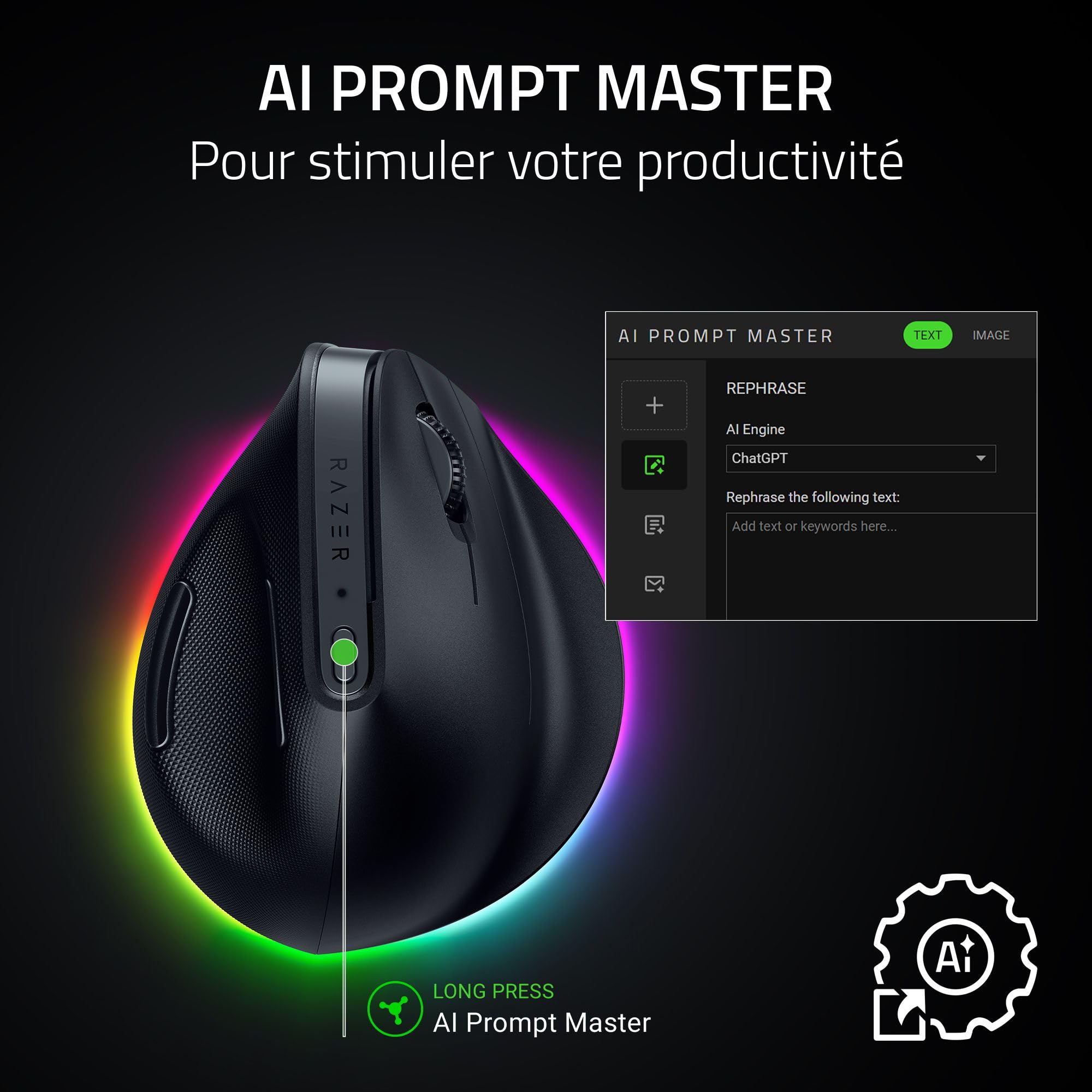 Razer Pro Click V2 Vertical - Souris Ergonomique Verticale sans Fil pour droitier - Assistance IA - Capteur Optique 30K - Windows & Mac (jusqu'à 6 Mois d'autonomie, Chroma RGB, 9 Boutons) Noir