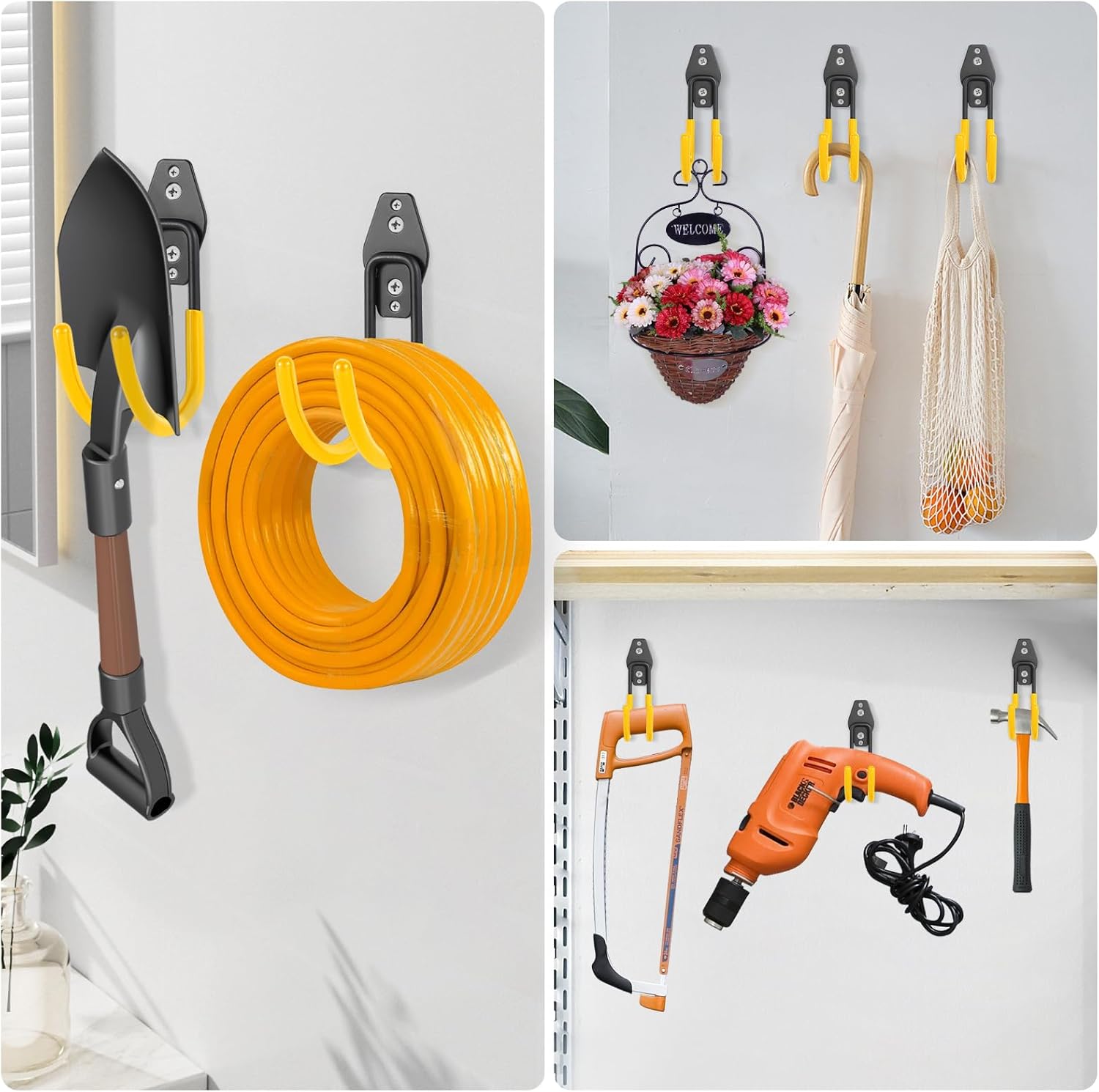 Garage Hose Hooks Wall Mount, 6 Pack Heavy Duty Storage Hooks for Garden Tools, Wall Hooks for Water Hoses, Brooms, Ladders, Garage Storage, Yellow