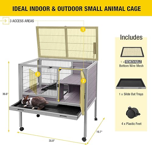 Miniatura 6 de Aivituvin Rabbit Hutch - Jaula de conejillo de indias de madera con suelo de alambre, ruedas, bandeja a prueba de fugas de 35 pulgadas