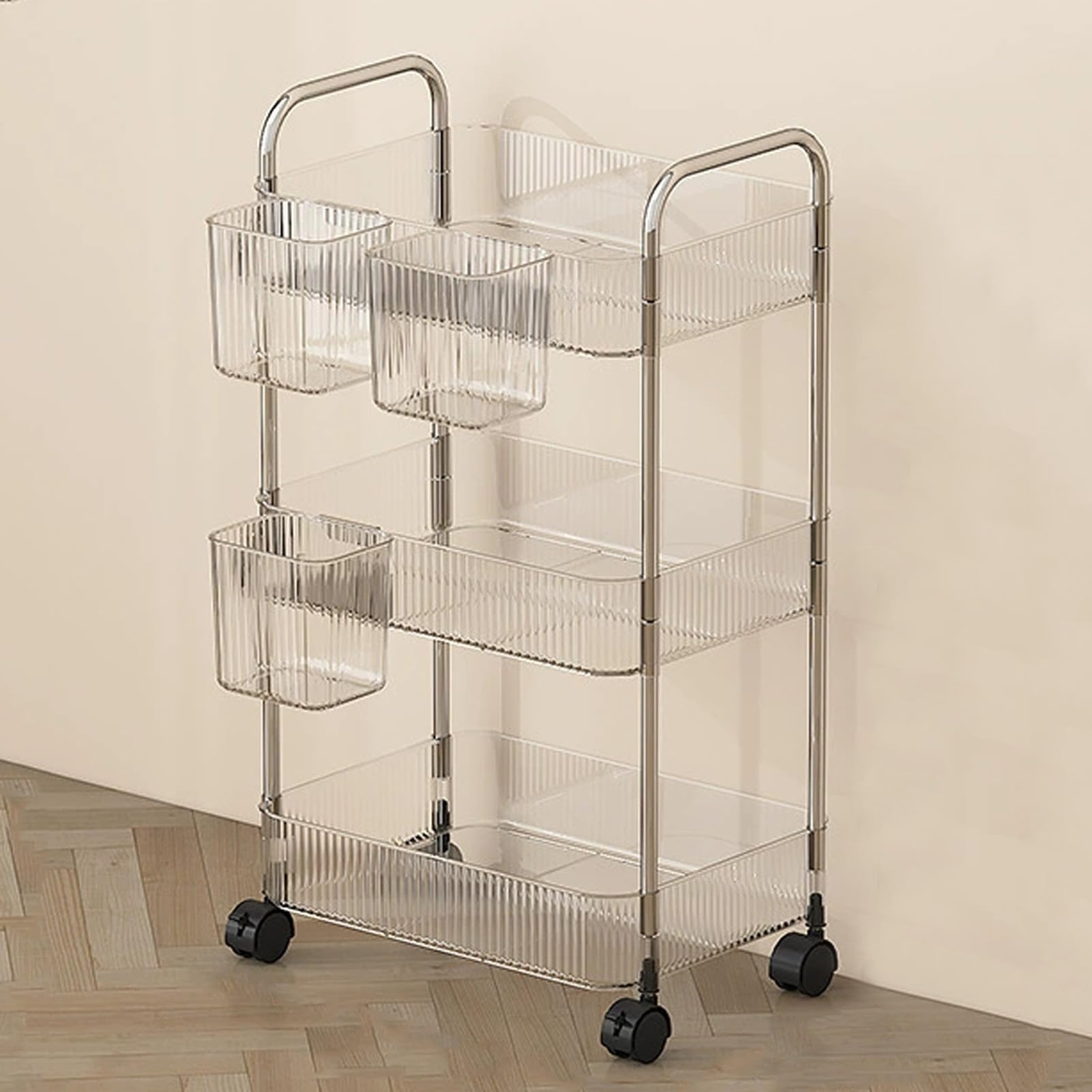 asdchZen 3-Tier Rolling Storage Trolley With Wheels & Hanging Basket - Mobile Cart For Office Bathroom Kitchen - Versatile Utility Shelves For Easy Storage & Nization