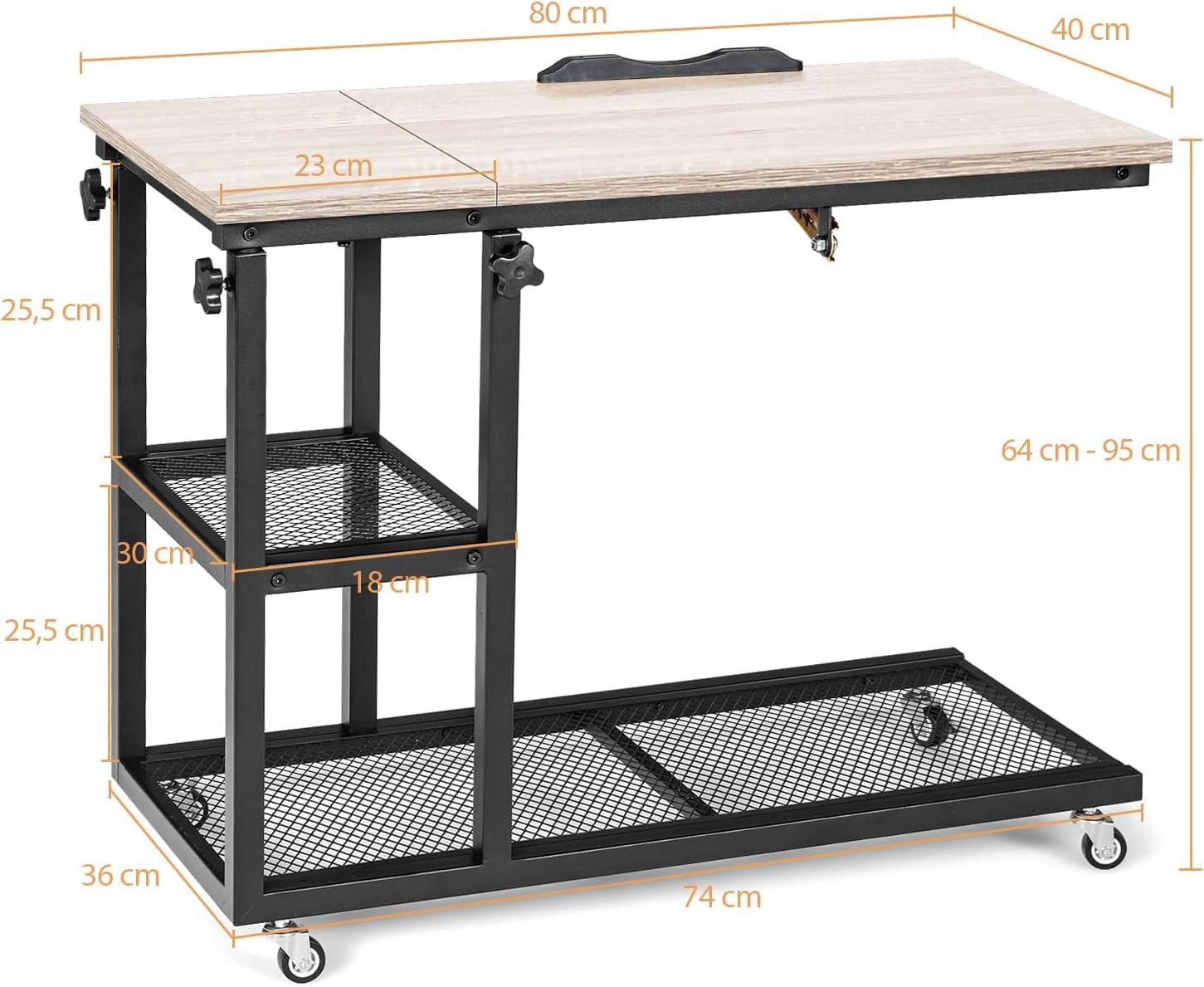 GIANTEX Mesa con Forma de C y Ruedas, Mesita de Sofá con 5 Alturas Regulables y Repisa, Móvil Industrial con Superficie Inclinable para Salón Dormitorio (Natural)