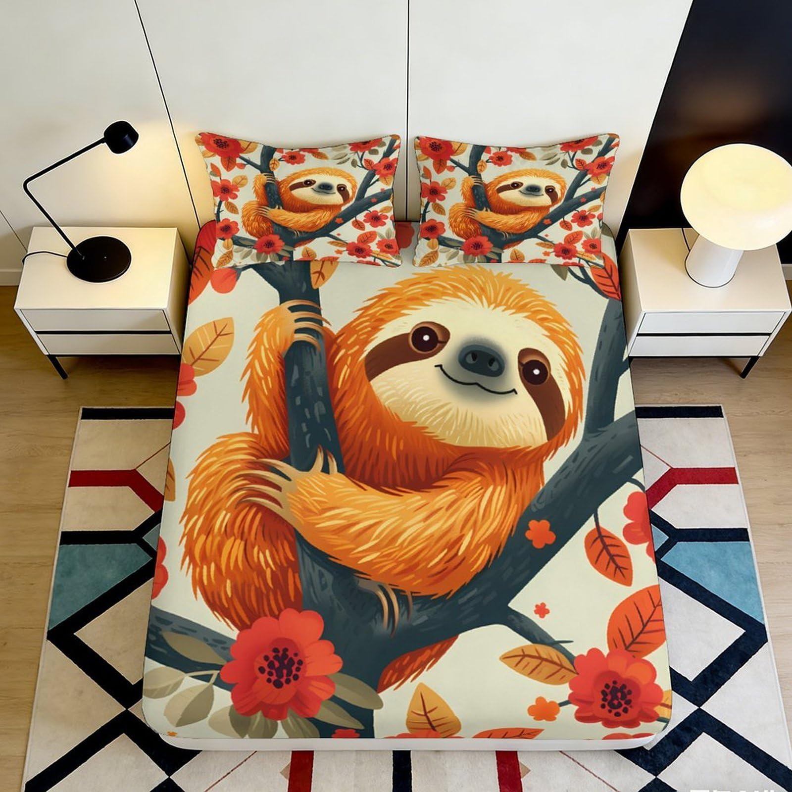 3D Printed Cartoon Sloth Fitted Sheet Microfiber Soft Autumn Forest Bed Cover for Bedroom Guest Room Easy Care 90x200x25cm