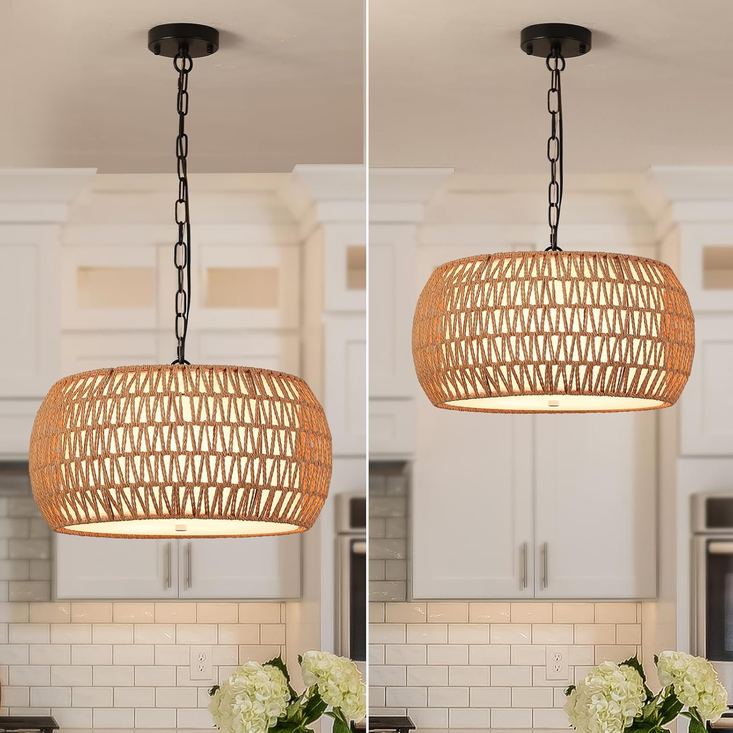 Boho Chandeliers for Dining Room,Rattan Chandeliers with Fabric Shade,Farmhouse Dining Room Light Fixtures,Kitchen Island Lighting 5-Lights Hand Woven Drum Chandelier,18 in,UL Listed
