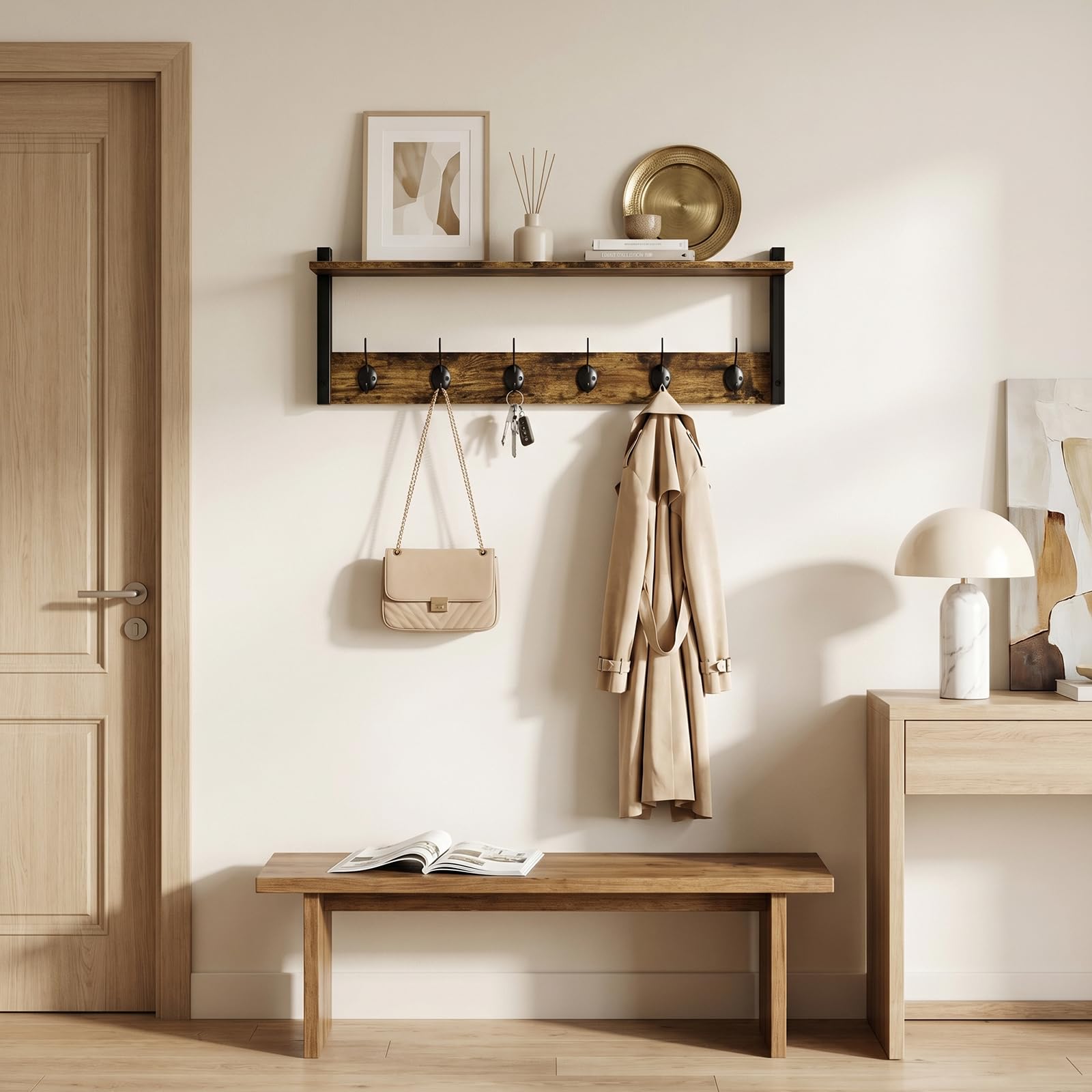 Porte-manteau mural en bois et métal au design industriel chic marron vintage pour salon