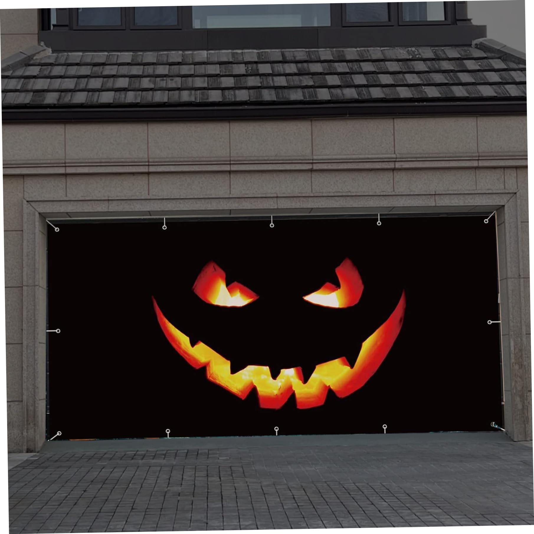 Goutdori Halloween Garage Door Banner 7x16ft, Pumpkin Face Cover with 33ft Rope Spooky Scary Festive Decor