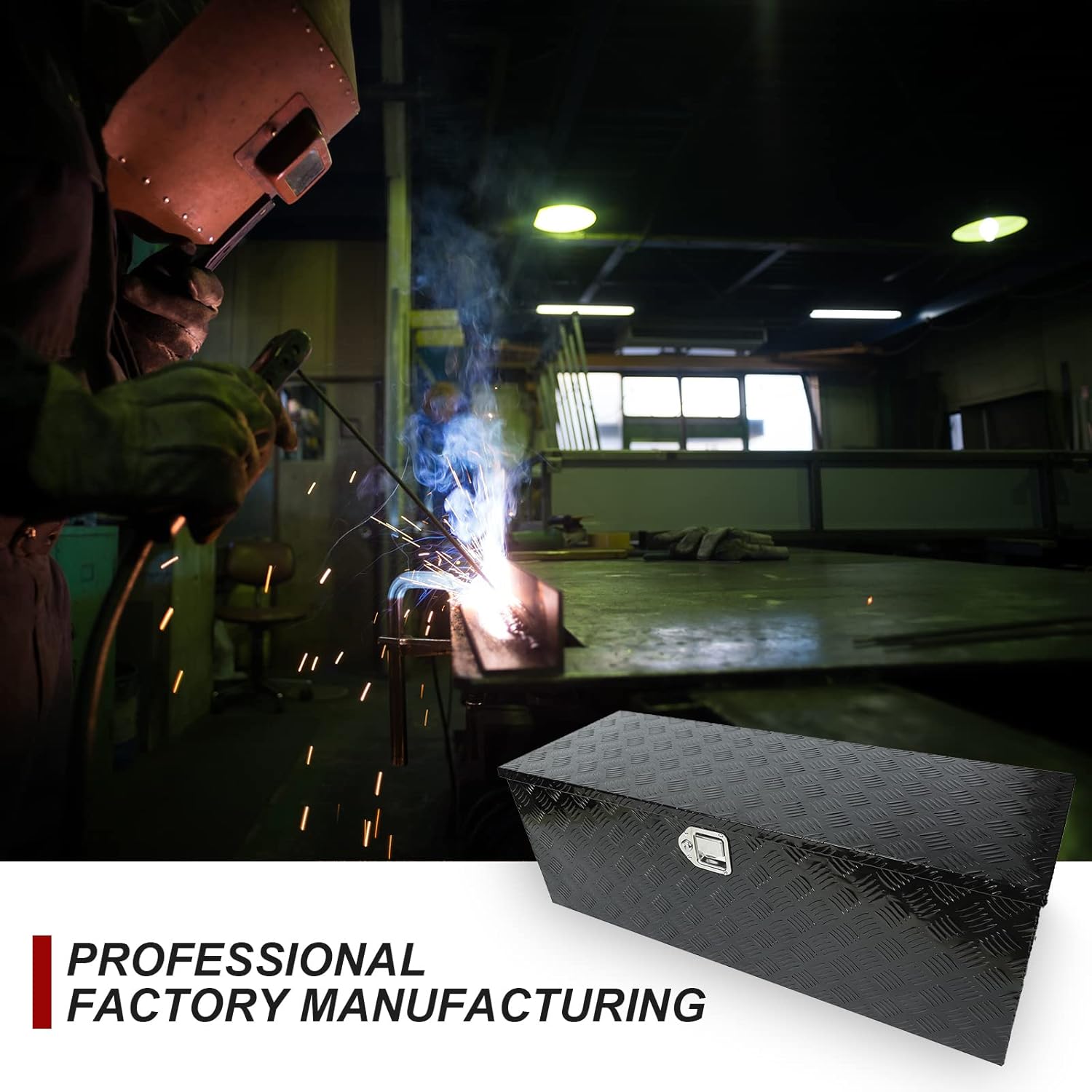 confote 44" Heavy Duty Aluminum Stripes Plated Tool Box Pick Up Truck Bed RV Trailer Toolbox Waterproof Square Storage Organizer with Side Handle, Lock with Keys -44"x 15"x 15"，Black