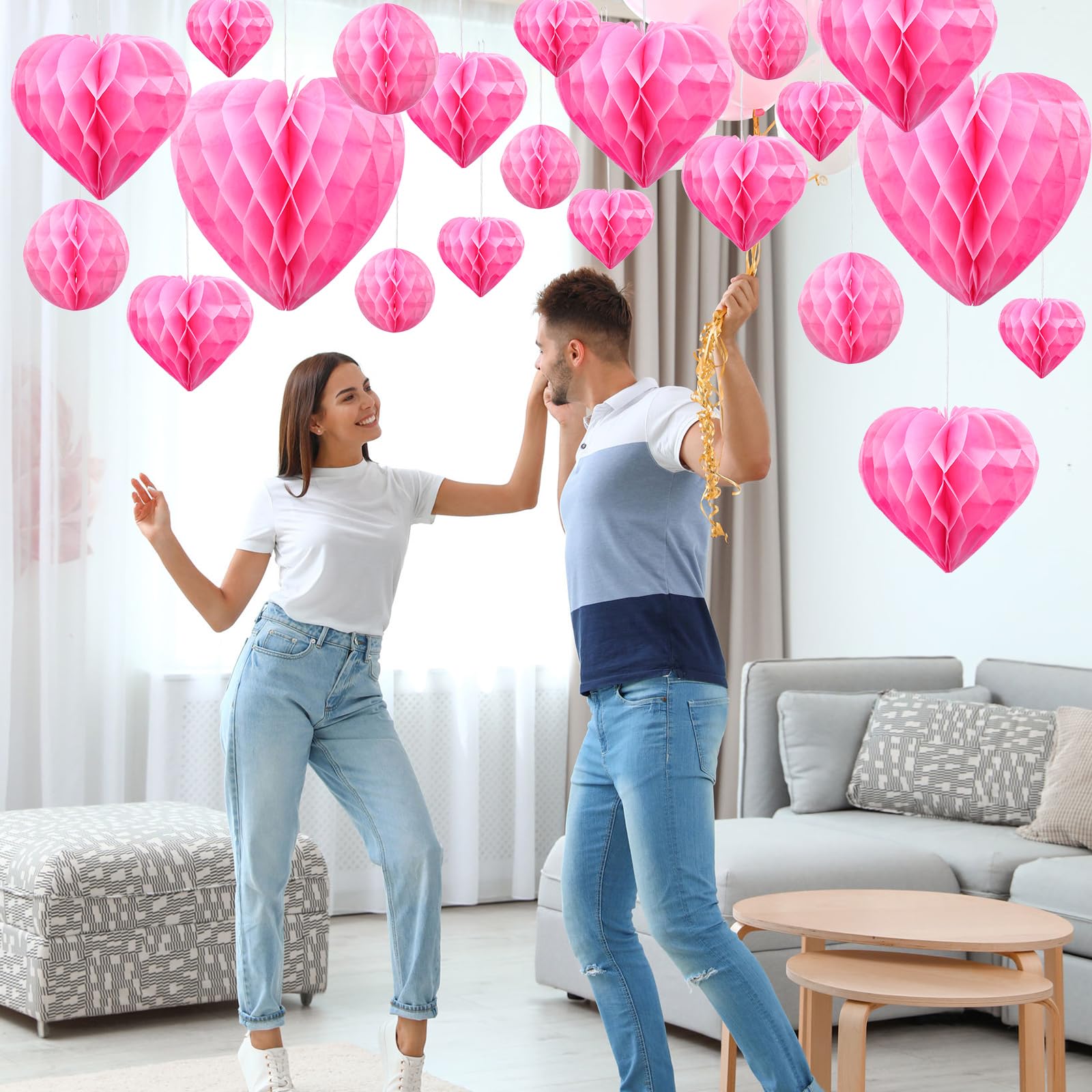 Yexiya Wabenbälle zum Valentinstag, Papier-Pompons, Wabenbälle, Dekorationen, Herzen, Dekorationen, Herzen, Seidenpapier für Verlobung, Hochzeit, Brautschmuck, Geburtstag, Rosa, 36 Stück