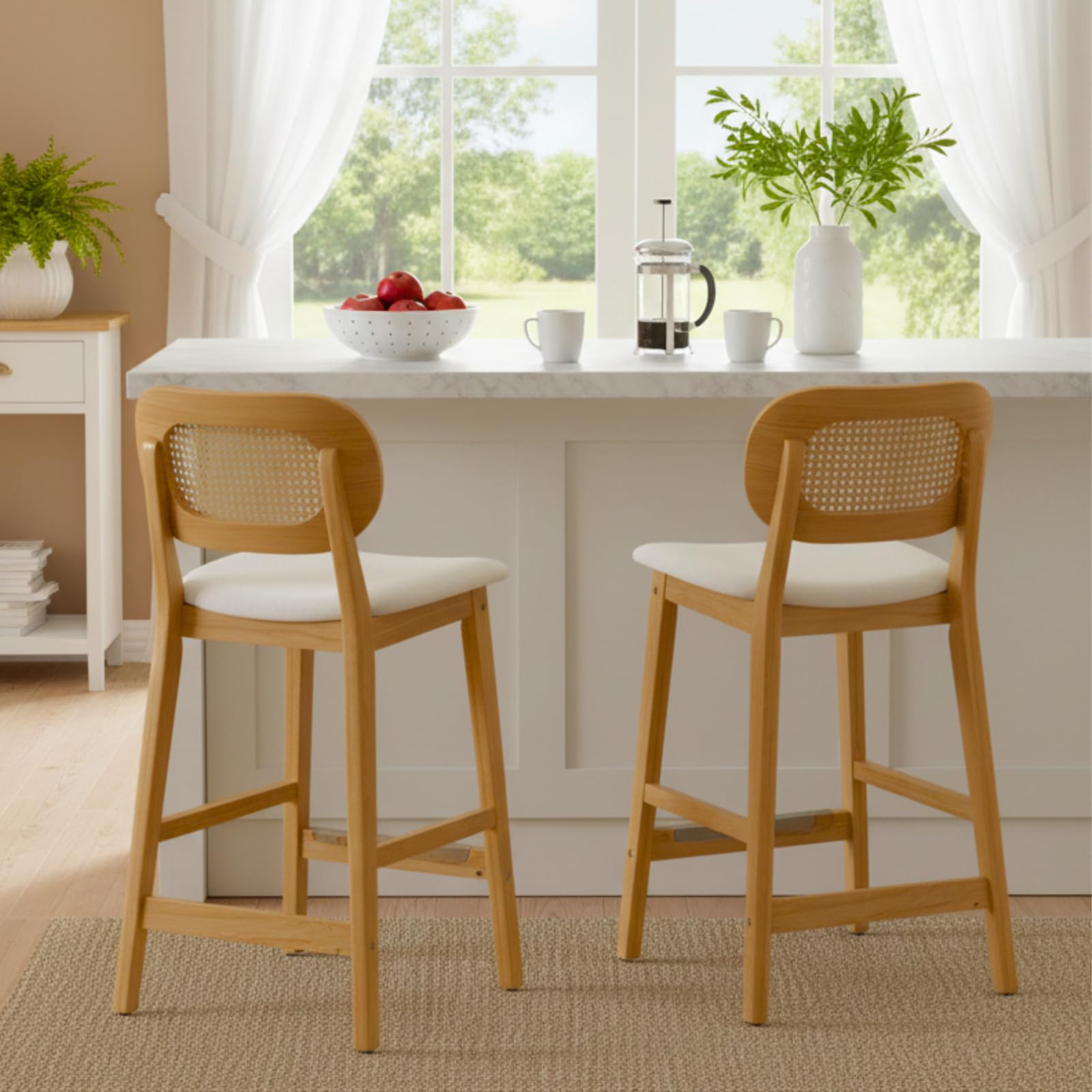 CIMOTA Farmhouse Counter Height Bar Stoos Set of 2 Rattan Back Boho Stools for Kitchen Island 26 Inch Bar Chairs Wooden Barstools, Natural Wood/PU