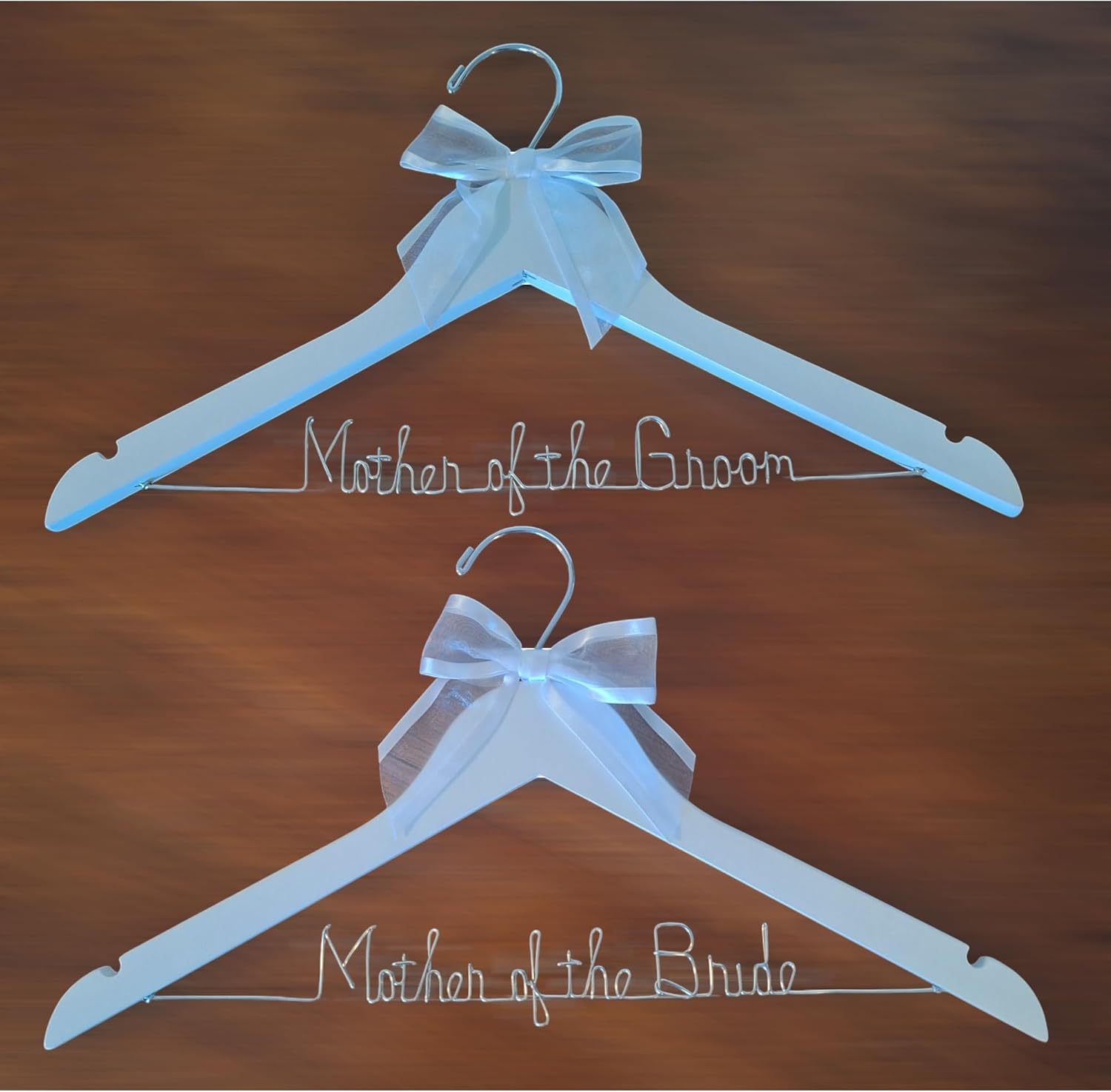 Mother of the Bride - Mother of the Groom Wedding Dress Hanger Silver or Gold Sturdy Wire, Quality Dark or White Wood Hanger with Notches - Your Choice of 10 Bow Colors Gift