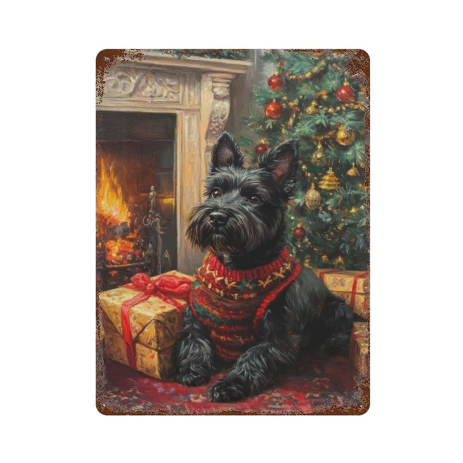 Aged Metal Wall Plaque with Scottish Terrier Christmas Portrait Holiday Scottish Dog Design 15.7"x11.8", for Basement, Hobby Room And Garage Decor, Farmhouse Wall Decor