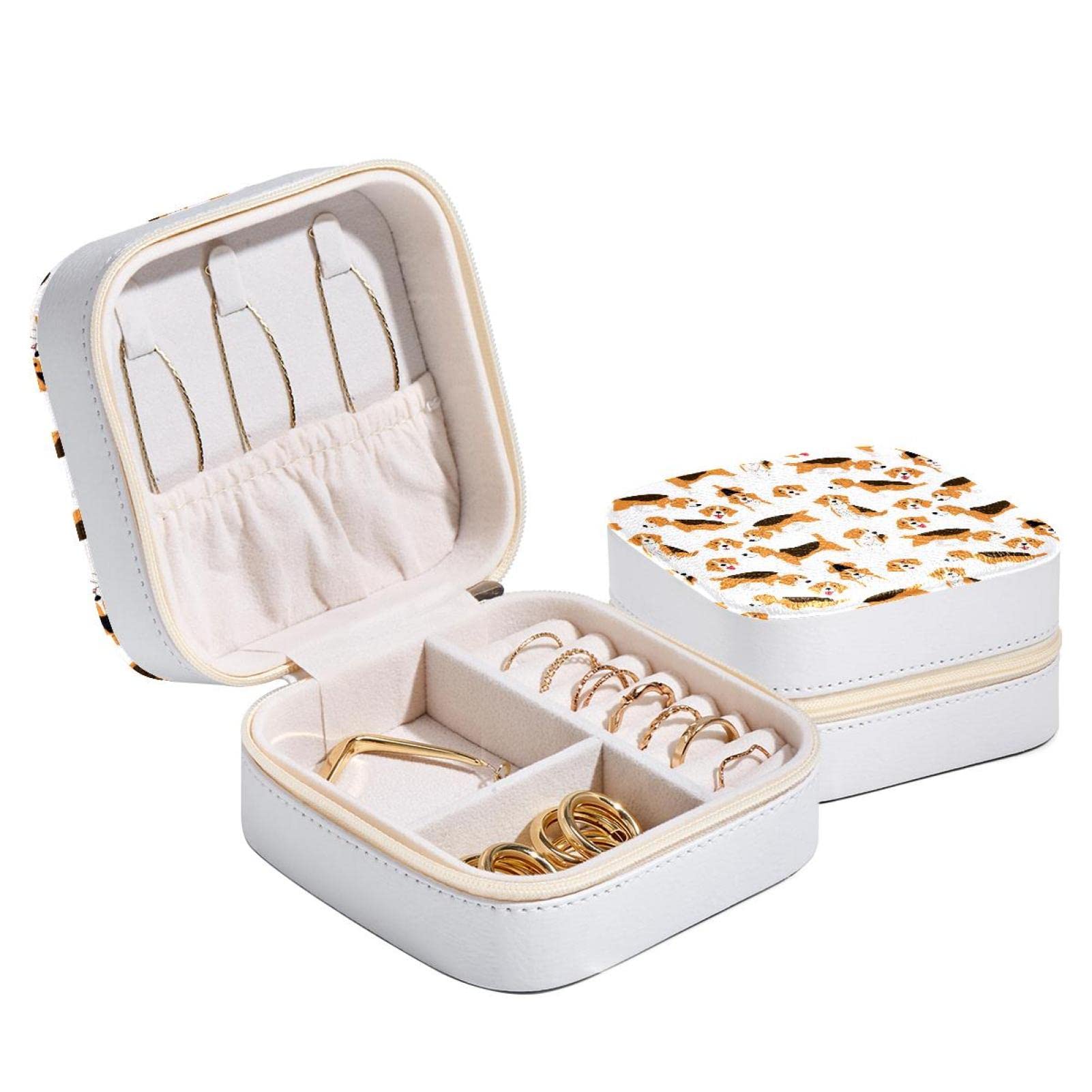 RODAILYCAY Beagle Dog Action Schmuckschatulle für Frauen und Mädchen, tragbarer Mini-Schmuck-Organizer, PU-Leder-Schmuck-Aufbewahrungsbehälter Fashion