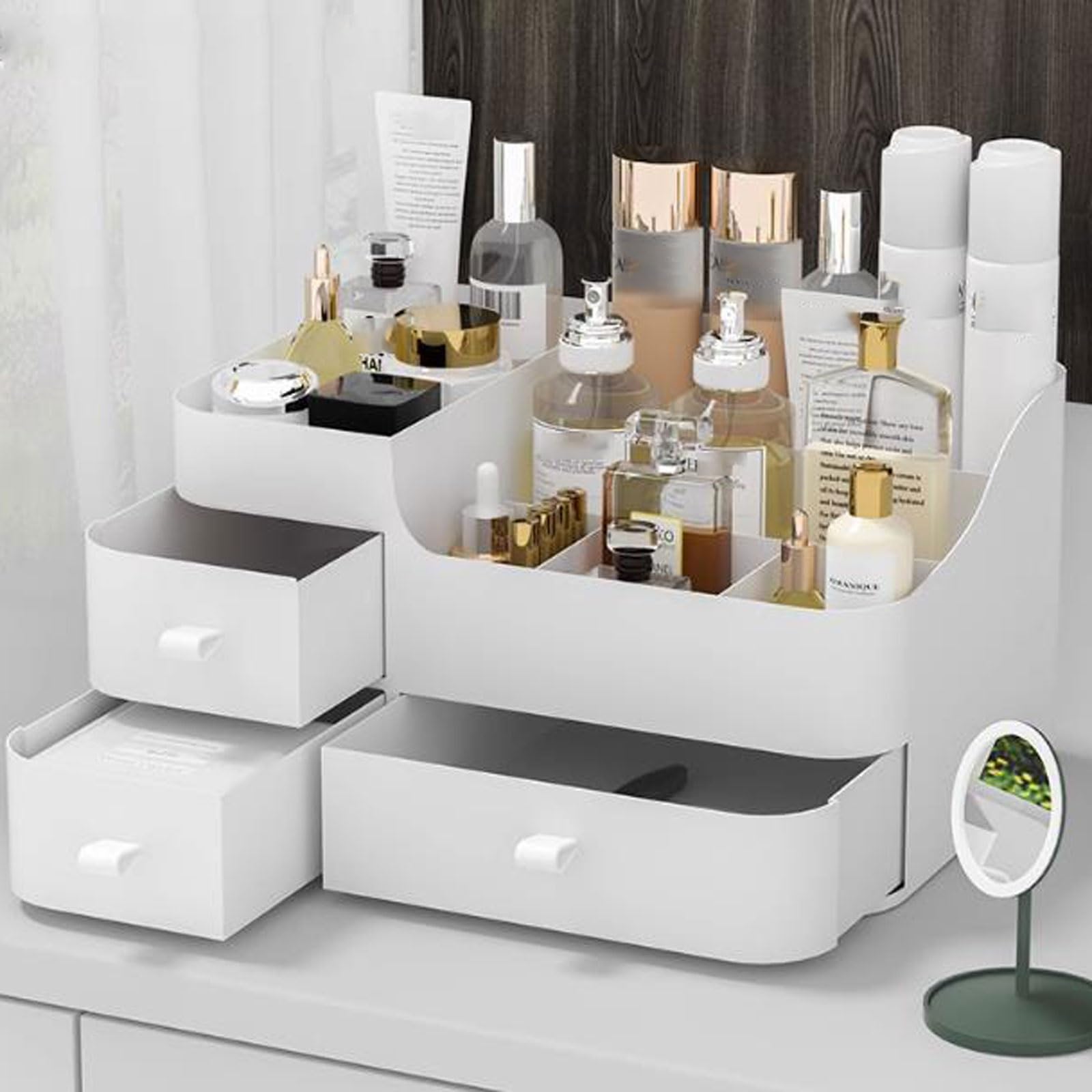 Kosmetik-Aufbewahrungsorganisator Make-up-Organizer, Aufbewahrungsbox, umfassender Kosmetik- und Hautpflege-Organizer for Schlafzimmer und Badezimmer, mit Schubladen Arbeitsplatten-Organizer(Weiß)