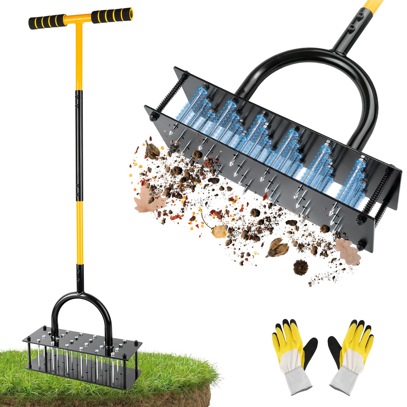 24 Steel Spikes Lawn Aerator Tool, Enlarged Grass Aerator Lawn Tools with Spring-Loaded Design & Adjustable T-Handle, Pre-Assembled Hand Aerator Lawn Tool for Lawn, Courtyard and Garden