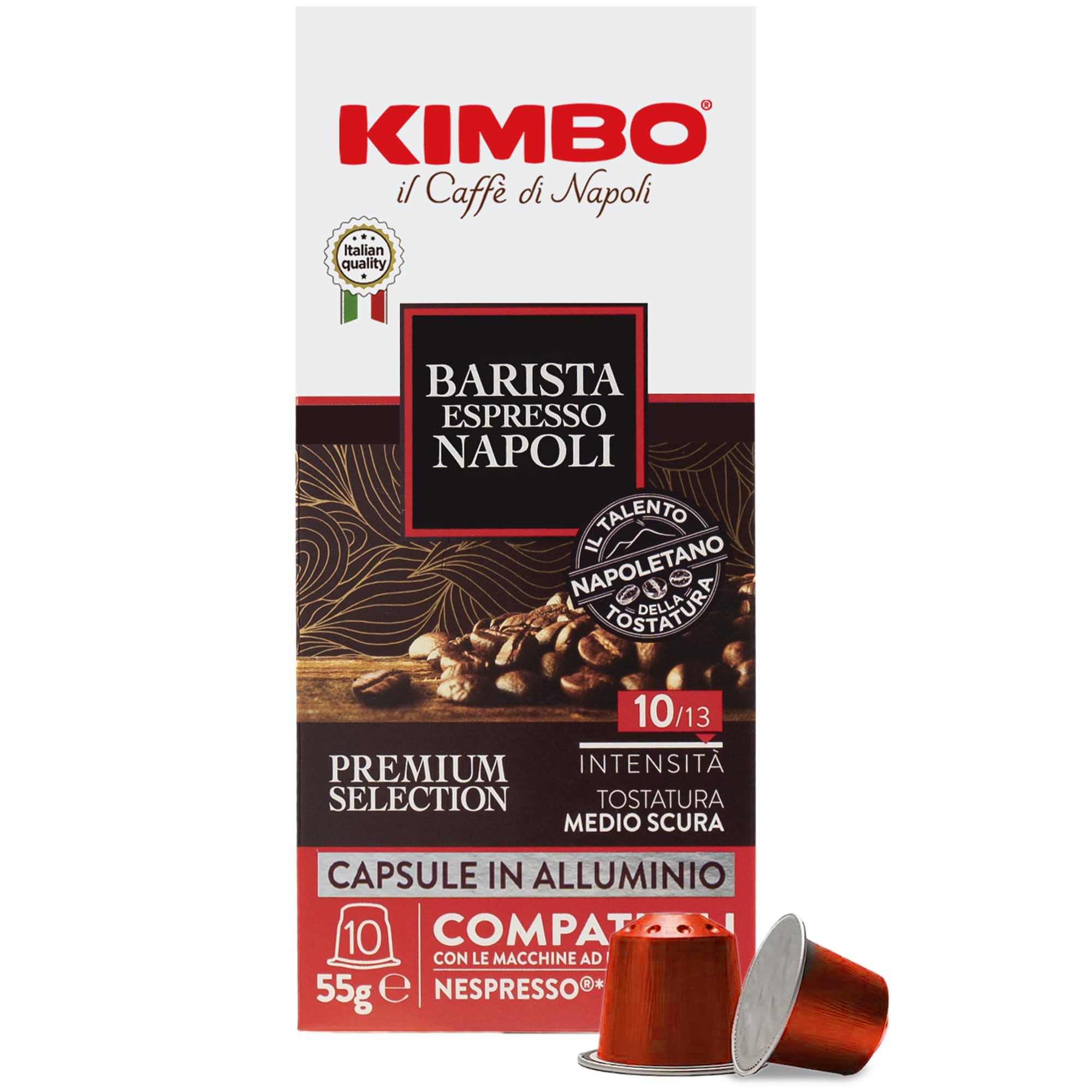 Kimbo Coffee Espresso Napoli Capsules (1 x 10) | Nespresso Coffee Pods | Italian Capsules Medium Dark Roast | Made with Arabica and Robusta Beans | Nespresso Coffee Machine Compatible
