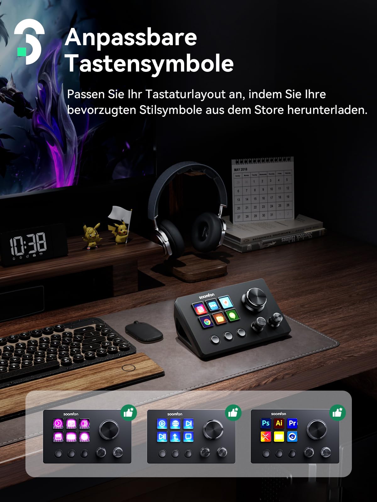 SOOMFON Stream Controller Deck SE Schwarz, 6 LCD Makrotasten & Drehknöpfe, auslösen von Aktion in Software wie OBS, Voicemod, Twitch, YouTube, für Streaming & Gaming, kompatibel mit Mac & Windos