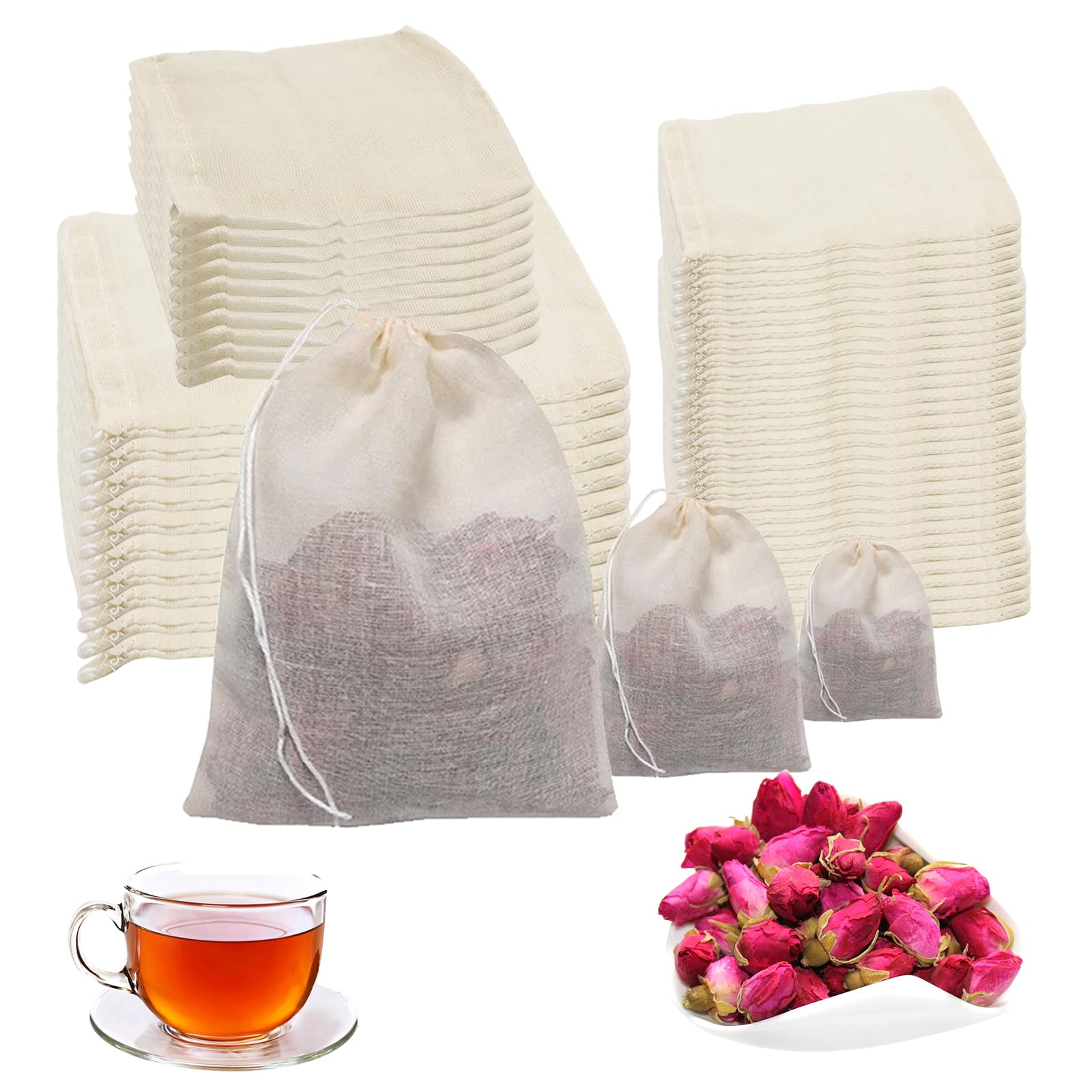 200 Sachets Mousseline Coton Réutilisables 8x10cm & 6x8cm – Sacs Thé, Infusion, Épices Avec Cordon (Beige)