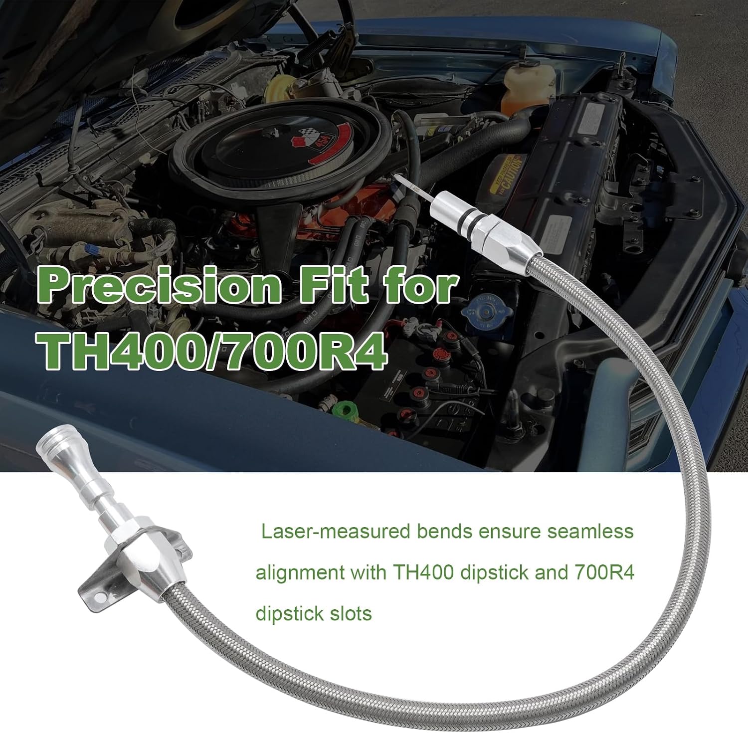 TH350 TH400 Turbo350 Firewall Mounted Flex Transmission Dipstick TH350/TH400 Stainless Braided Hose Compatible with GM/Chevy TH350/TH400, Replaces 700R4 Dipstick Rubber Transmission Dip Stick