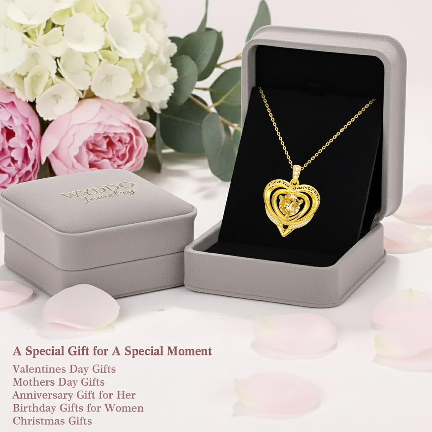 Birthstone Heart Necklaces for Women Mom Mother 14K Gold Plating Birthstone Necklaces Pendant Birthday Christams Valentine's Day Jewelry Gifts for Her Wife Daughter Mom - Image 7