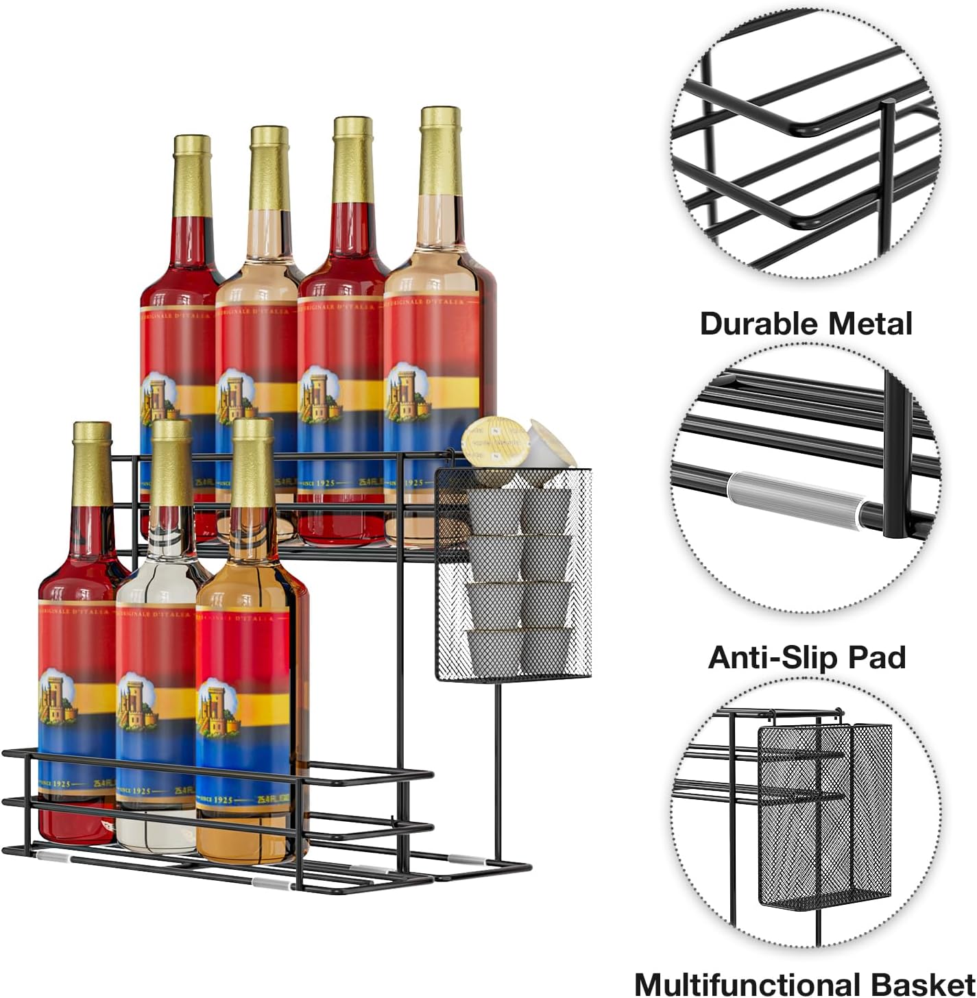 OVICAR Coffee Syrup Organizer Rack - 8 Bottle Holder Stand for Coffee Bar & Station Accessories with Straw & Pod Basket, 2 Tiers Black