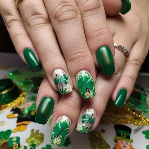 St Patricks Day Press on Nails Medium Square Fake Nails with Shamrock Clover Des
