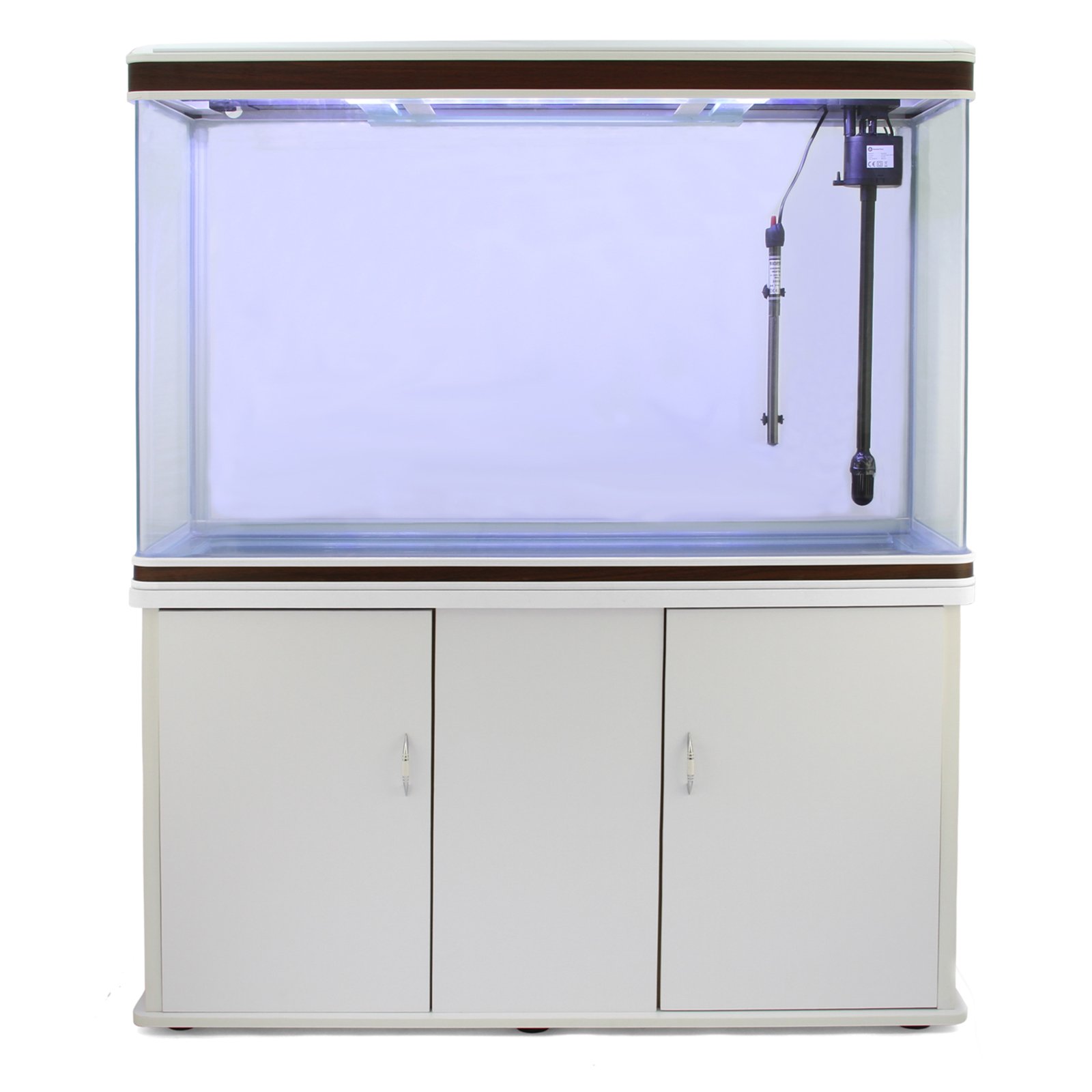 MonsterShop - 300-litrowe akwarium z białymi krawędziami orzechów laskowych, biała szafka podtrzymująca, całkowity wymiar 143,5 cm wysokości x 120,5 cm szerokości x 39 cm głębokości