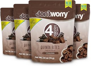 Don't Worry Chocolate Quinoa Bites - Low Calorie Snacks, Only 4 Calories per Piece, Healthy Granola Mini Bars, Low Carb Quinoa Crisps, Gluten Free Protein Snack - (Chocolate, 4 Pack)