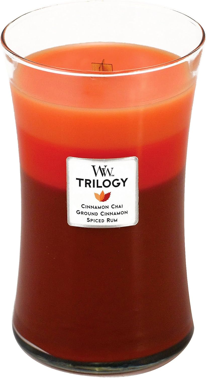 WoodWick Large Exotic Trilogy Chai Ground Cinnamon Spiced Rum, Red, 10.