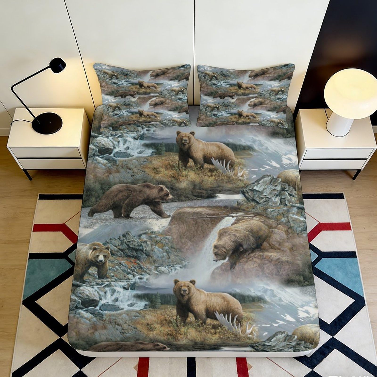 3D Printed Bear Pattern Fitted Sheet Microfiber Soft Durable 3D Printed Waterfall Bed Cover for Bedroom Dormitory Guest Room Mattress Protection 160x200x25cm