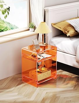 Acrylic Record Player Table with Storage Shelf, Clear Side Table Nightstand (Orange, Large)