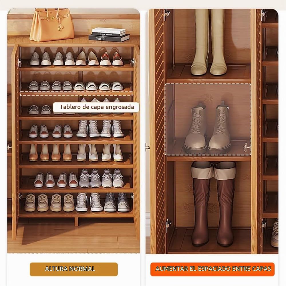 Zapatero de Bambú para Pasillo, Mueble Madera para Zapatos de 4 Puertas con Estantes y Cajón de Diseño Oriental para Entrada Recibidor 130x32x132cm