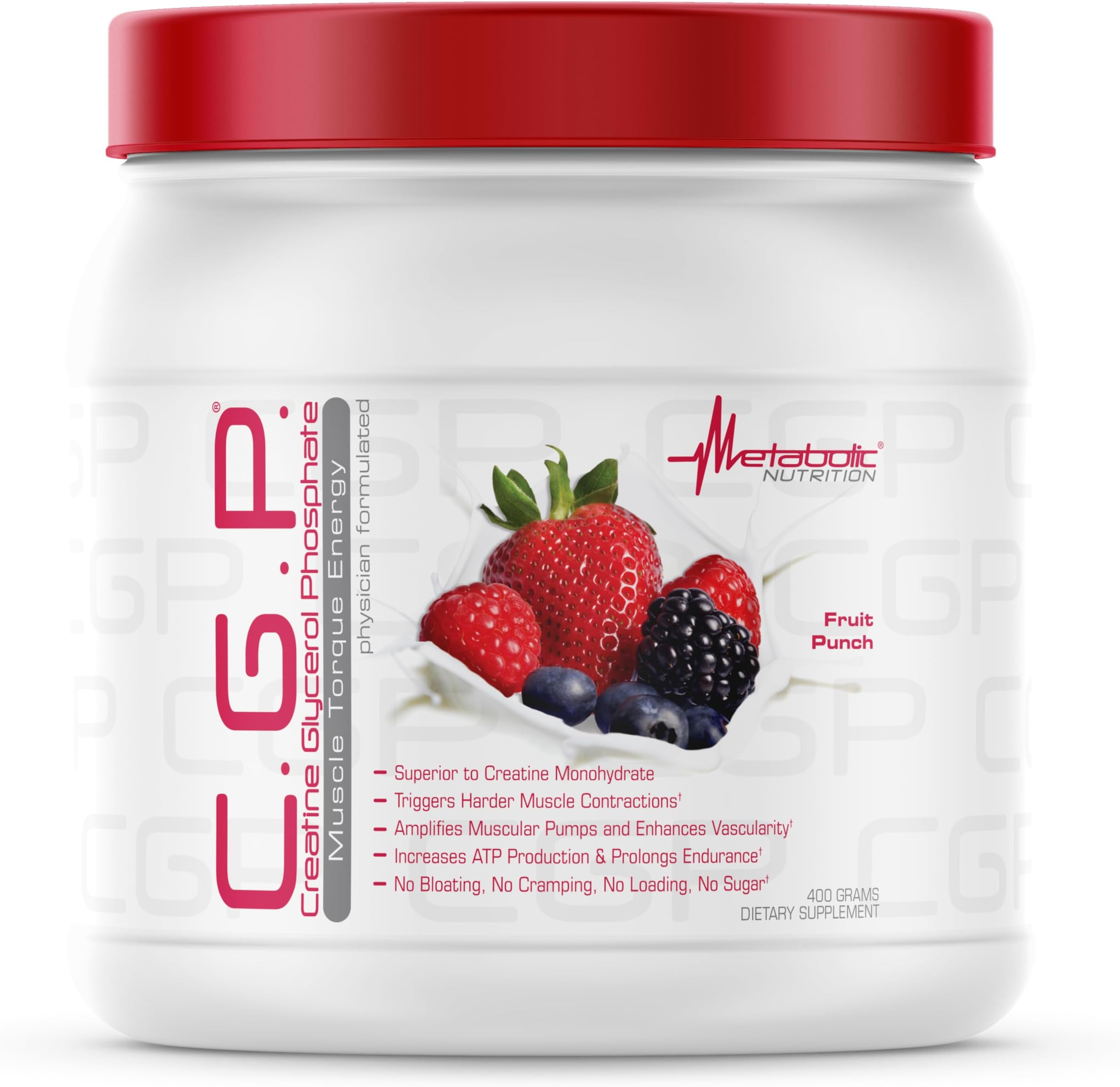 Metabolic Nutrition, CGP, Creatine Glycerol Phosphate, 100% Micronized Creatine Powder, Pre Intra Post Workout Supplement, Fruit Punch, 400 Grams (40 Servings)