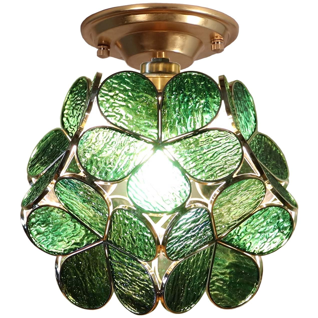 Bieye Flower Petals Tiffany Style Stained Glass Close to Ceiling Light for Home Decor (Textured Deep Green, 8" Cherry Blossom)