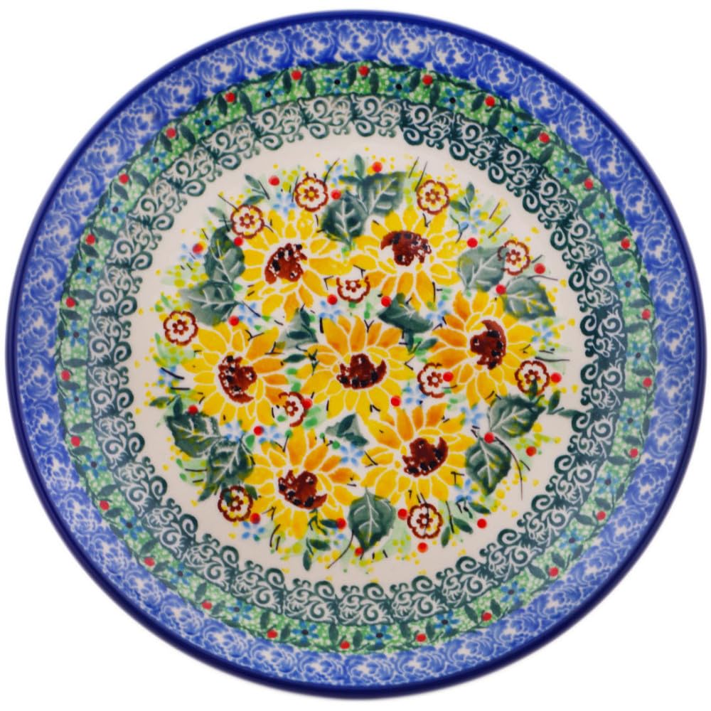 Authentic Polish Pottery Dessert Plate Signature UNIKAT in Yellow Garden Design Handmade in Boles?awiec Poland by Ceramika Artystyczna + Certificate of Authenticity