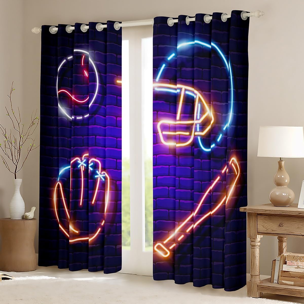 Erosebridal Gradient Baseball Curtains Neon Softball Blackout Curtains for Kids Boys Girls, Sports Theme Curtains & Drapes Glowing Orange Blue Bedroom Curtains, Fluorescent Window Treatments
