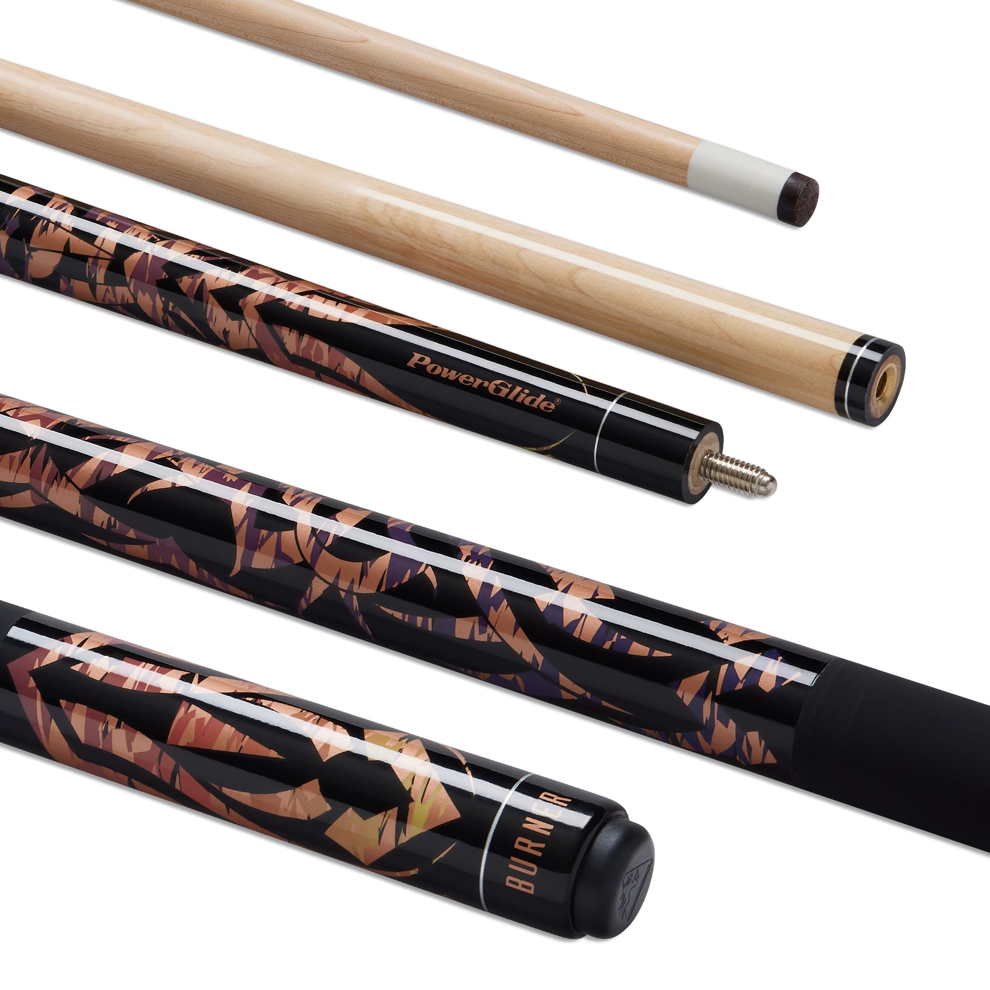 POWERGLIDE One 2-Piece Pool Cue Stick | Burner | Maple Wood Shaft & Ramin Butt with Decal | Pool Joint with Plastic Collar | Full Size 57" | 13 mm Tip