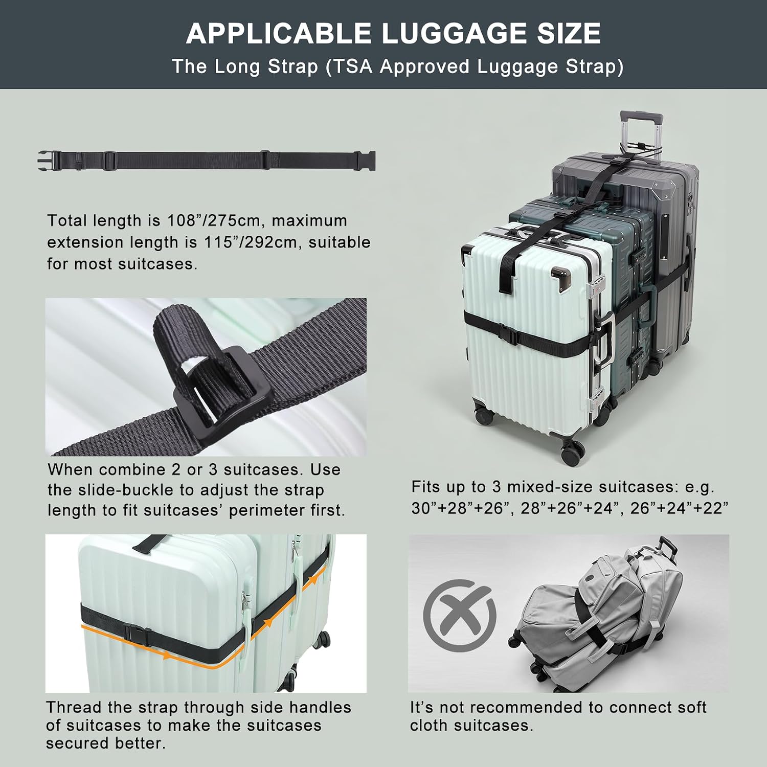 Vigorport Luggage Straps for Suitcases 3 PCS, 2 Short & 1 Long Adjustable Straps with Elastic Thick Rope for Connecting Suitcases and Bags with Bottle Clip, Add A Bag Luggage Connector Strap