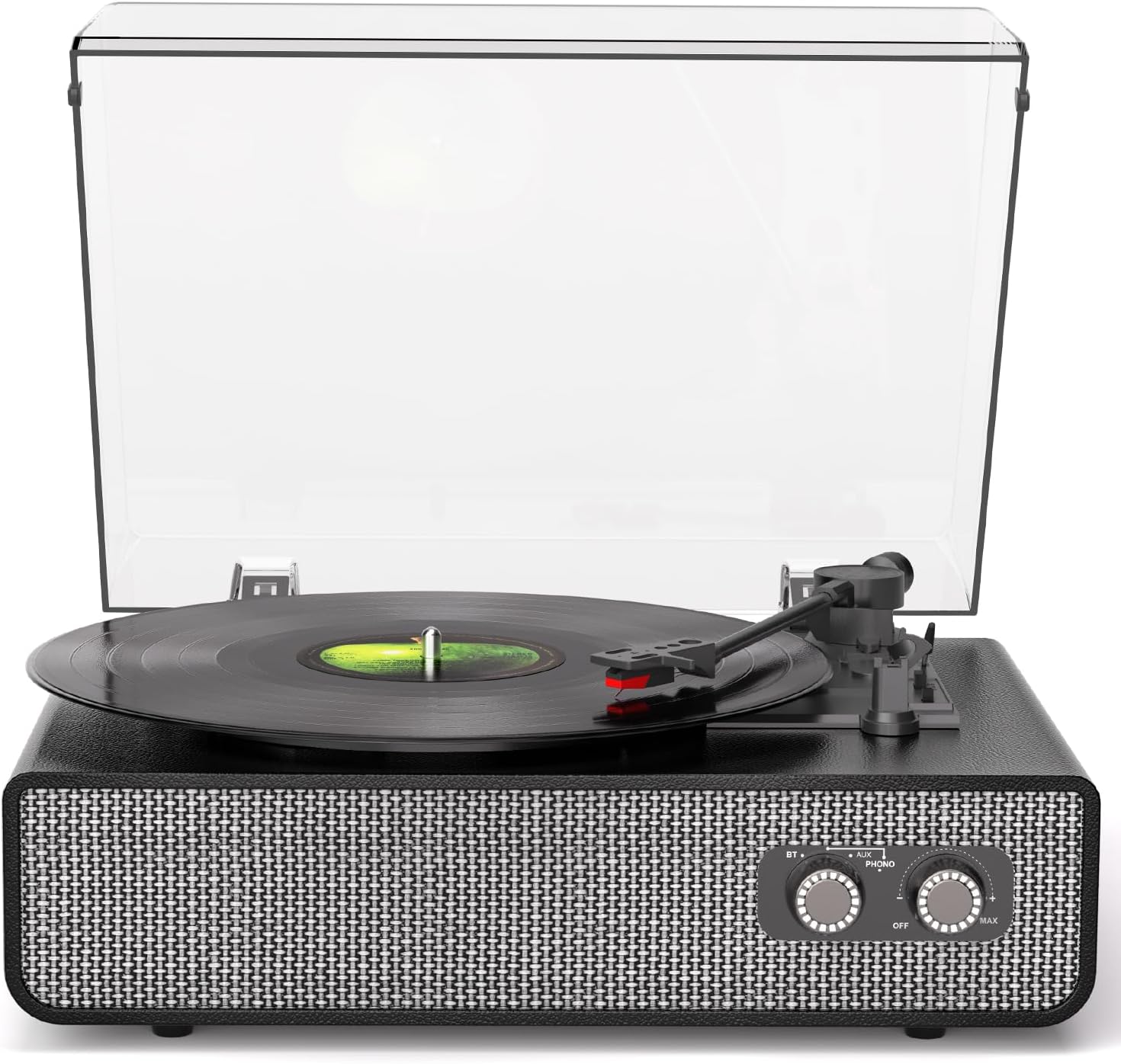 Vinyl Record Player with Upgraded Built-in Speakers, 3-Speed Belt-Driven Bluetooth Turntable for Vinyl Records, Black Leather Vintage Phonograph with RCA Out & AUX in, Auto Stop, MDF Cabinet